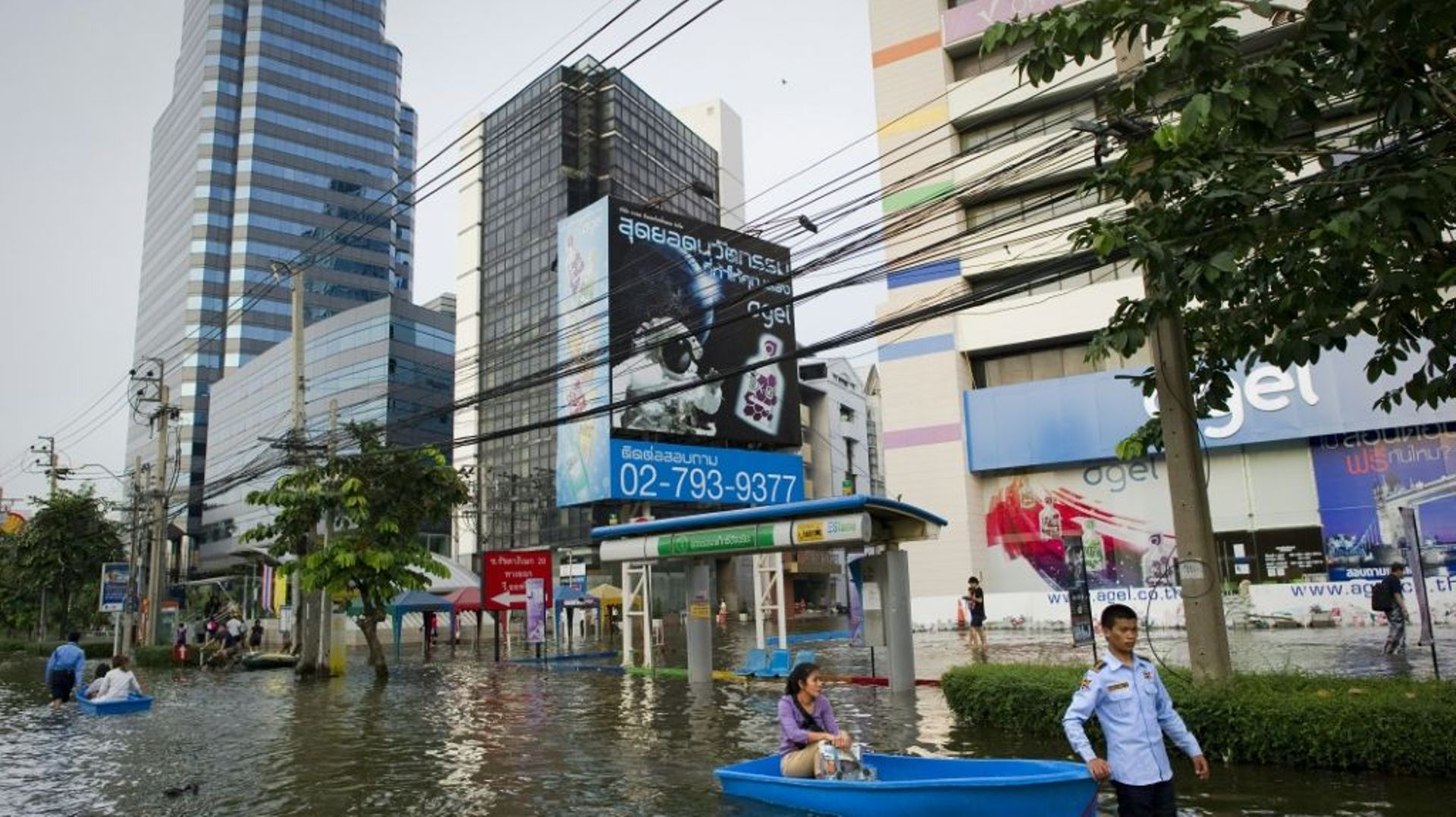 Une femme circule en barque dans une rue de Bangkok le 9 novembre 2011 lors des inondations qui ont submergé une partie de la ville.