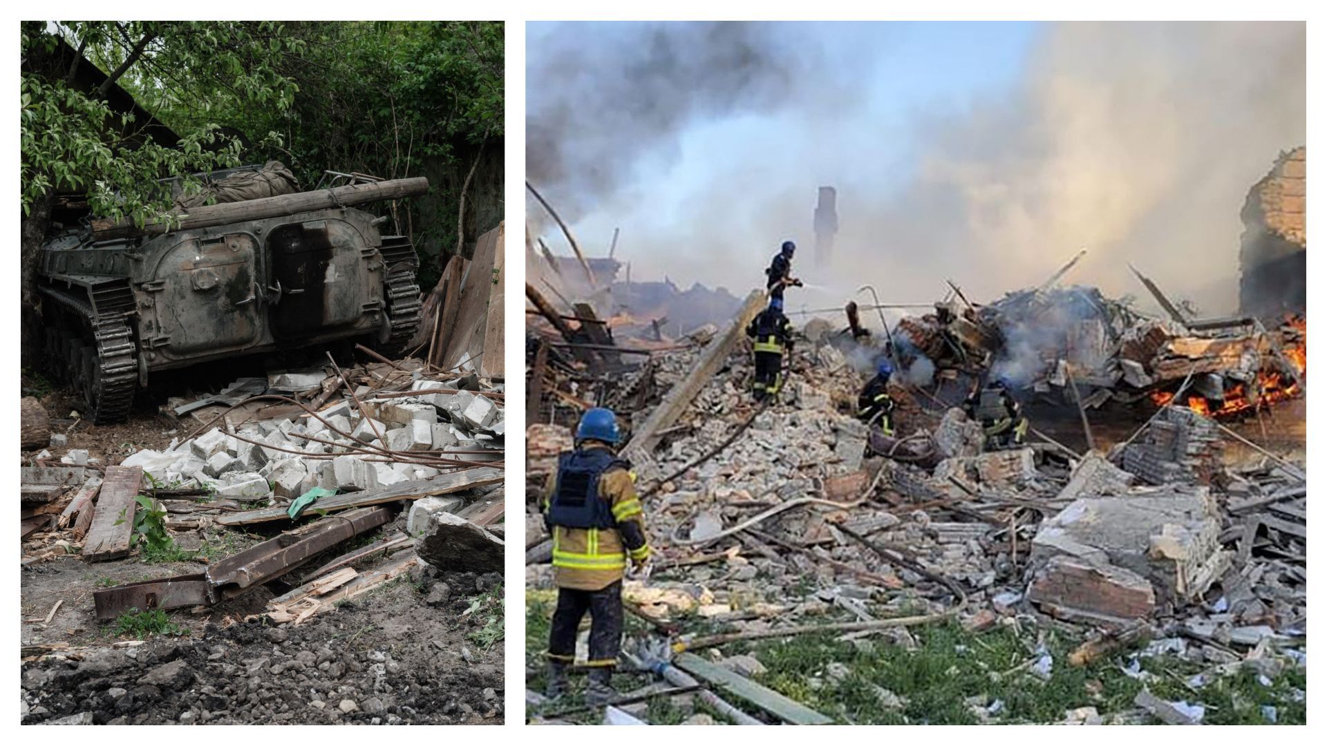 A droite, photo publiée par le Service d’urgence de l’État ukrainien, le 8 mai 2022, montre des pompiers ukrainiens en train d’éteindre un incendie après que des missiles russes ont frappé une école à Bilohorivka, dans la région de Lougansk, dans l’est de