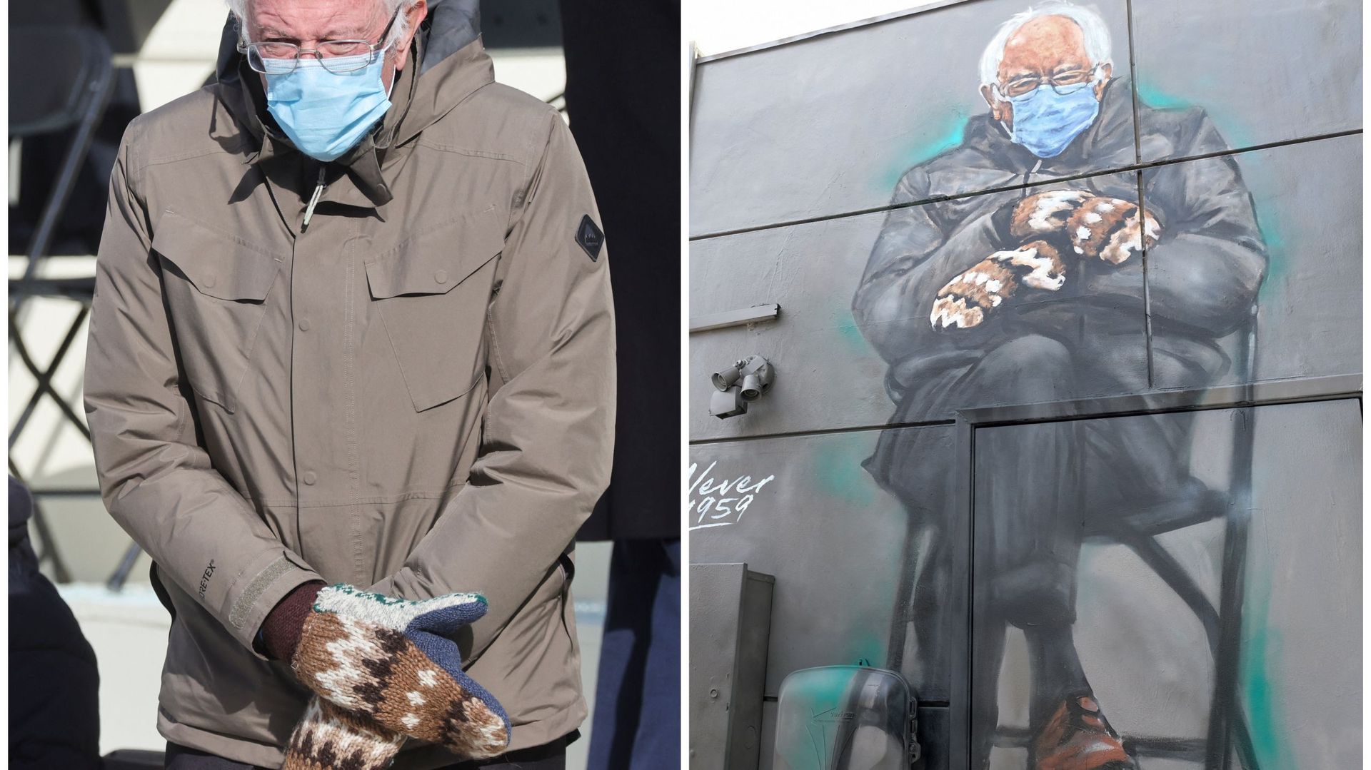 Les moufles de Bernie Sanders immortalisées en street art (à droite).