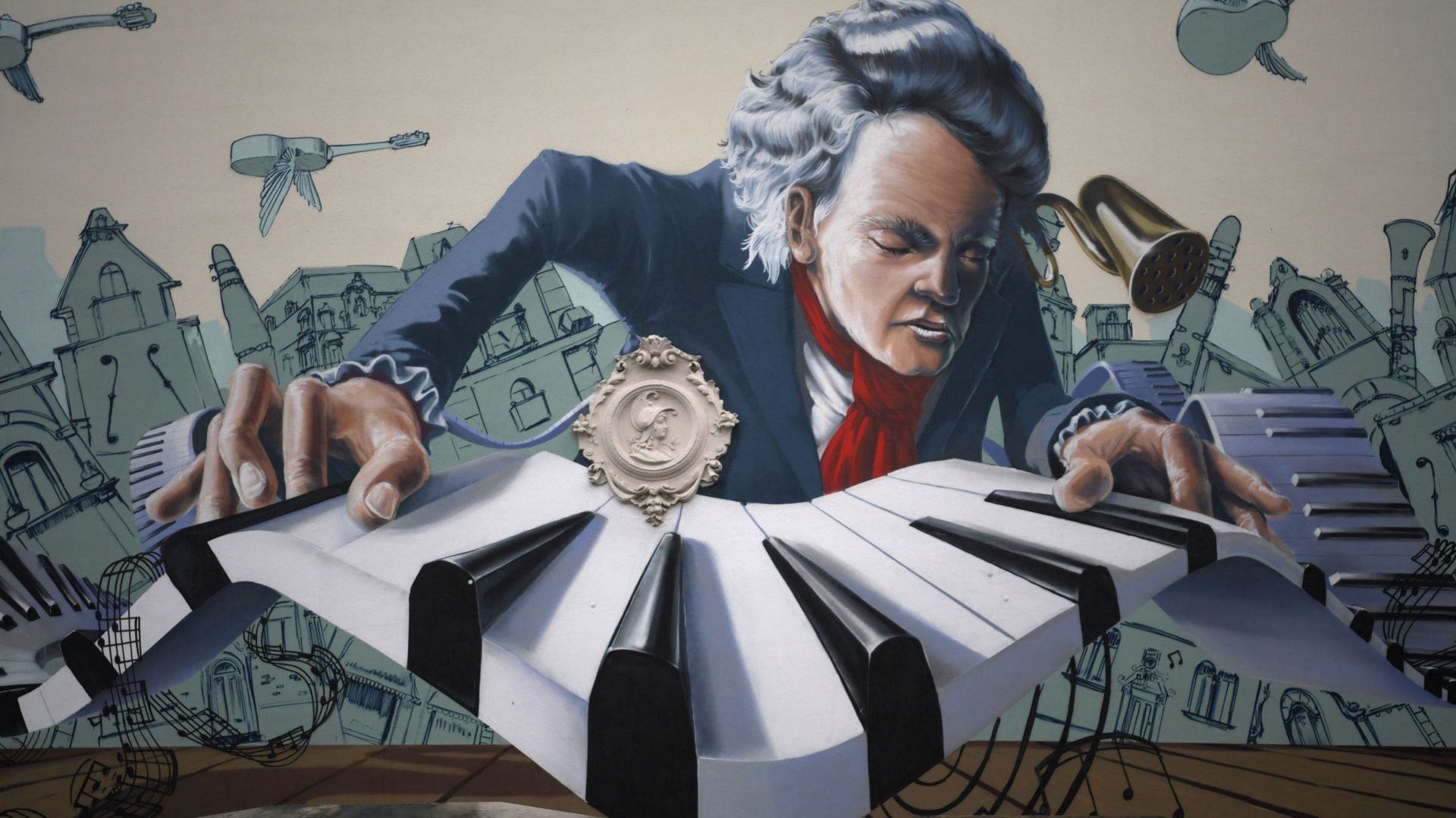 Fresque murale représentant Beethoven dans les rues de Bonn, ville natale du compositeur