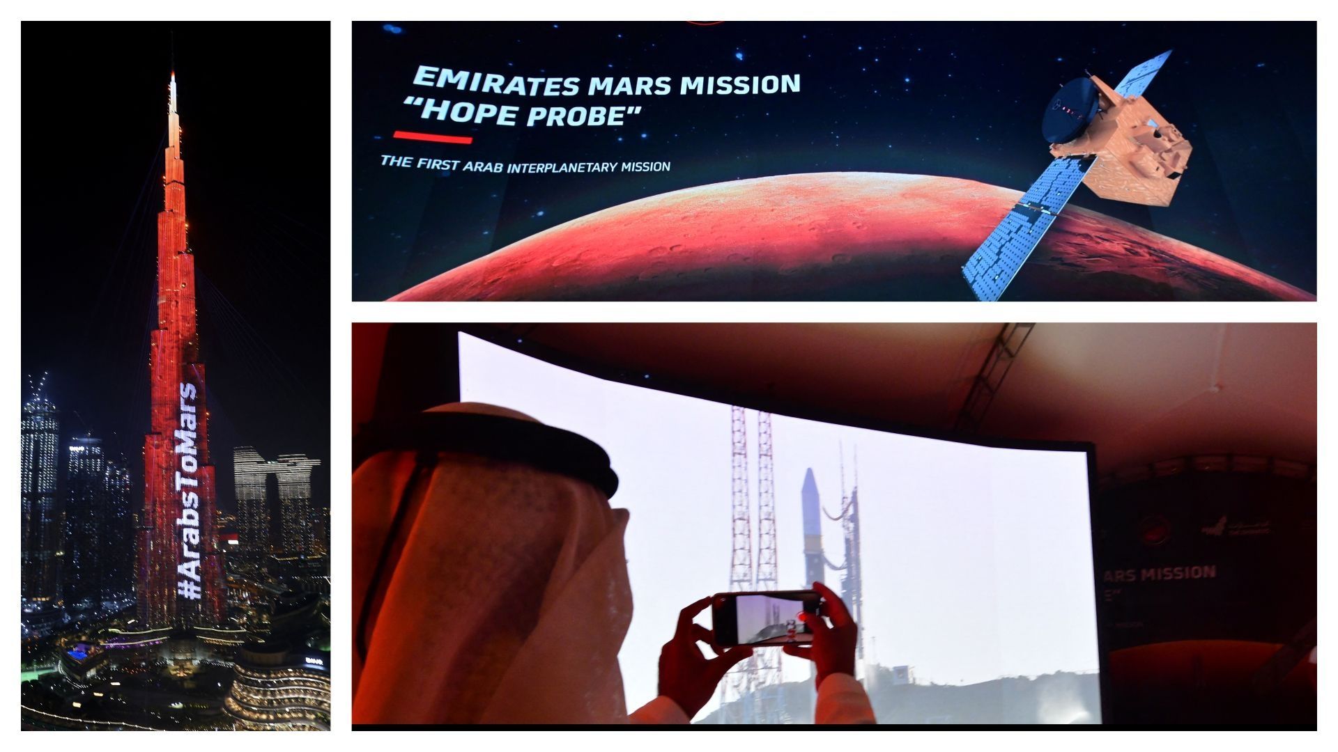 Dubai au couleurs de la mission, le 9/02/2021 - et images du décollage de la sonde, en juillet dernier 