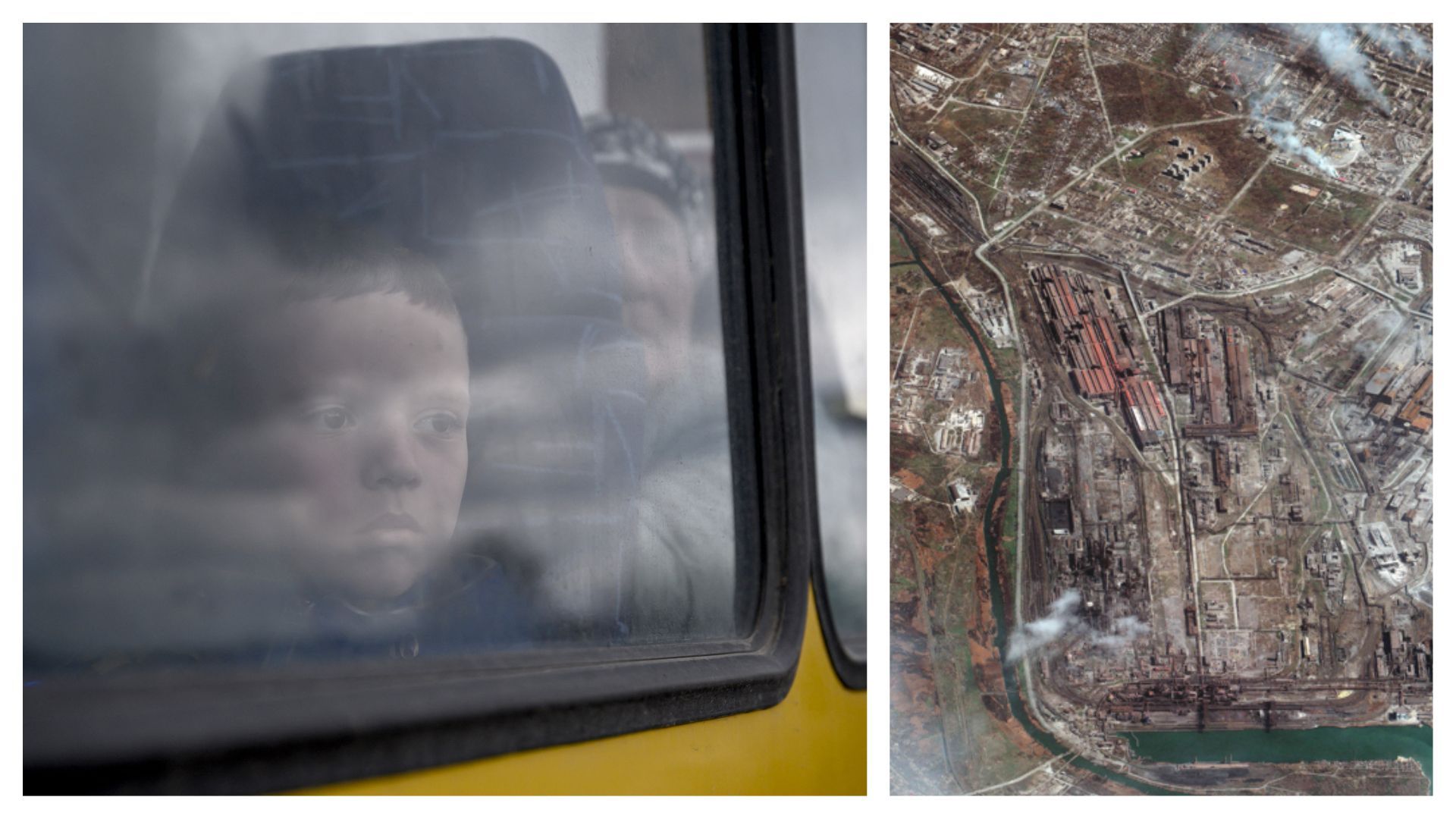 Enfant fuyant Marioupol et vue de la ville et du complexe sidérurgique Azovstal (12 avril)