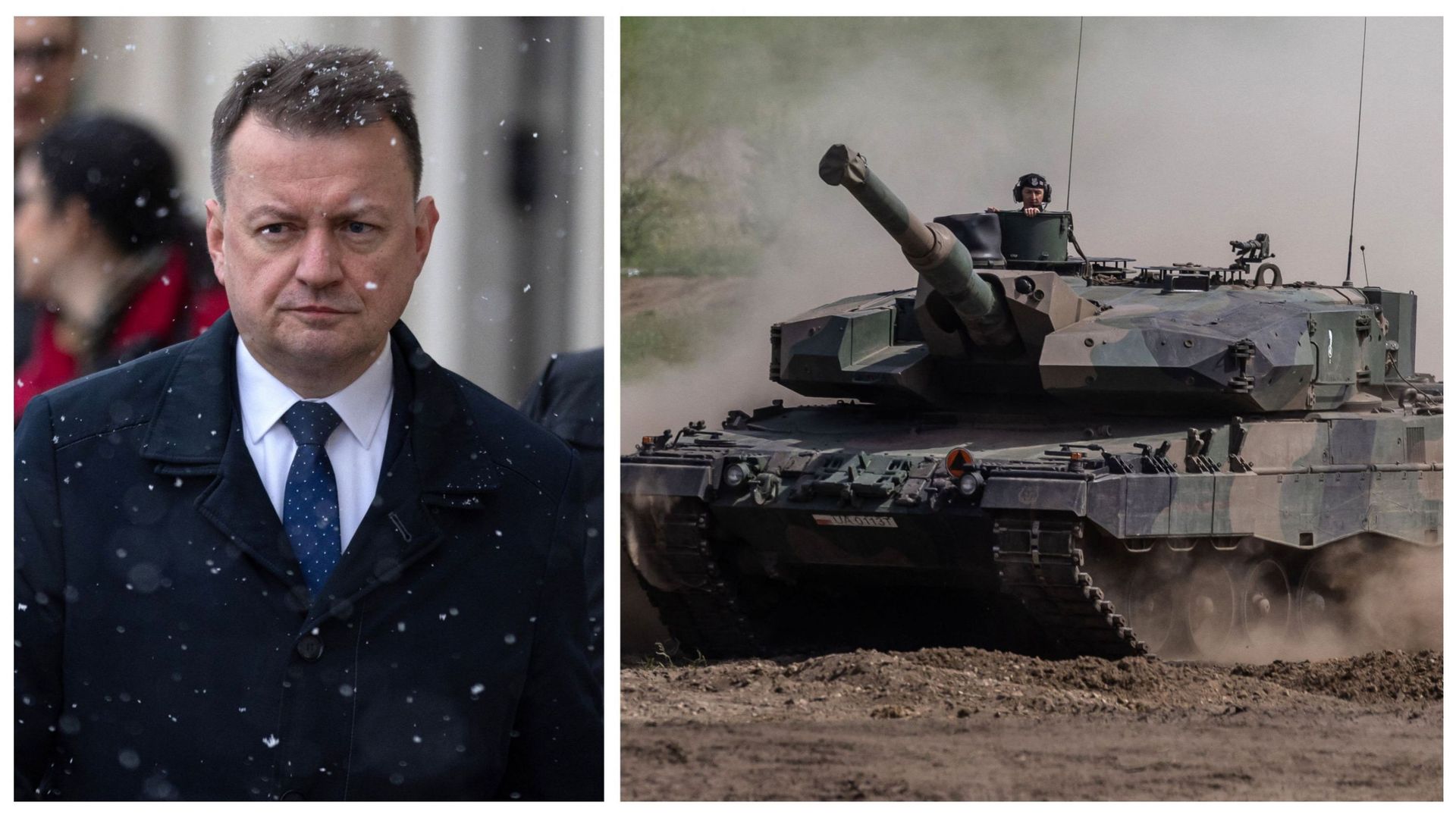 Le ministre polonais de la Défense Mariusz Blaszczak le 20 janvier et char Leopard