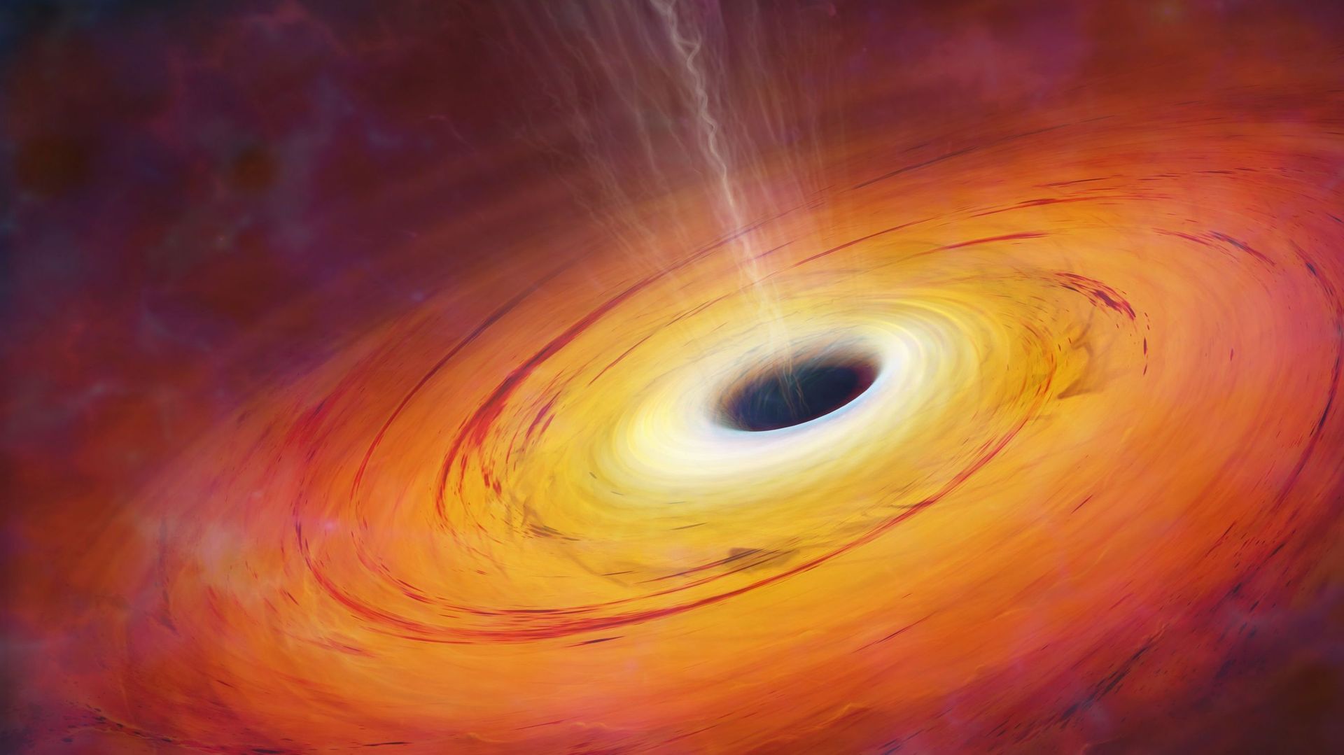Le "trou noir", rendu visible uniquement parce qu’il est entouré d’un disque de matière surchauffée, un disque d’accrétion. En effet, plus la matière se rapproche du trou, plus sa lumière est captée, c’est pourquoi le trou s’assombrit vers son centre.