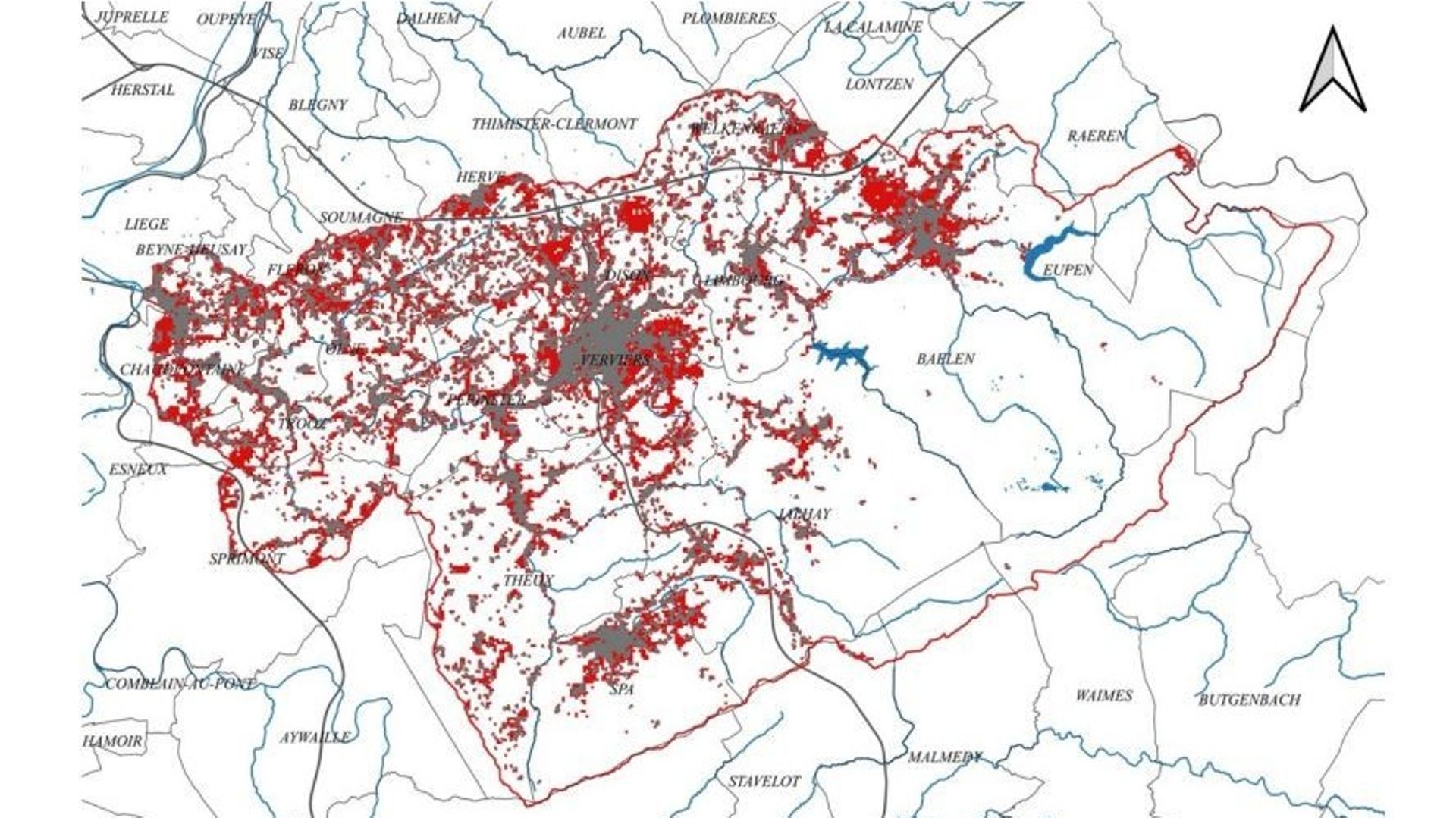 Taux d’urbanisation du bassin-versant. En rouge, les zones plus urbanisées, les périphéries, le plateau de Herve au Nord. En gris, les zones ayant perdu des habitants : les centres-villes et le fond de la vallée principalement.