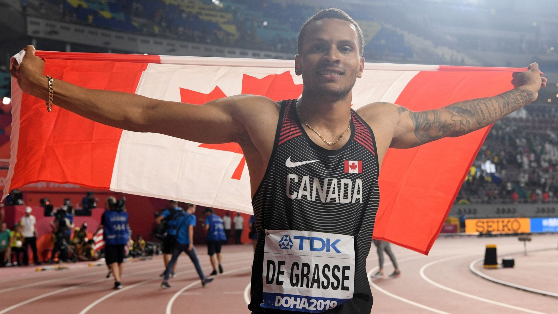 Andre De Grasse a obtenu la médaille de bronze lors de la finale sur 100 mètres des championnats du monde de Doha en 2019.