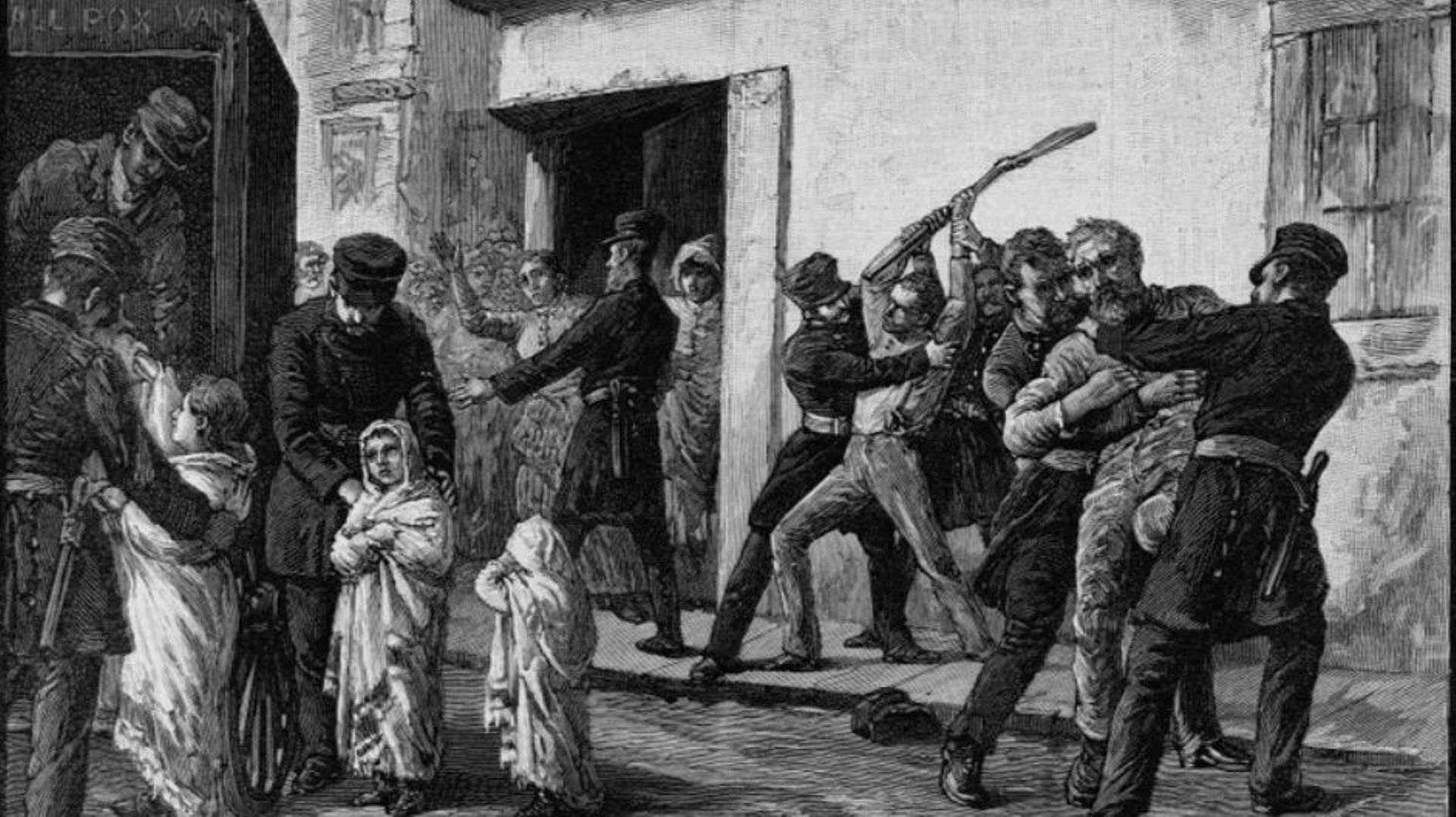 Un incident lors de l’épidémie de variole à Montréal. Dessiné par Robert Harris, 1er janvier 1900.