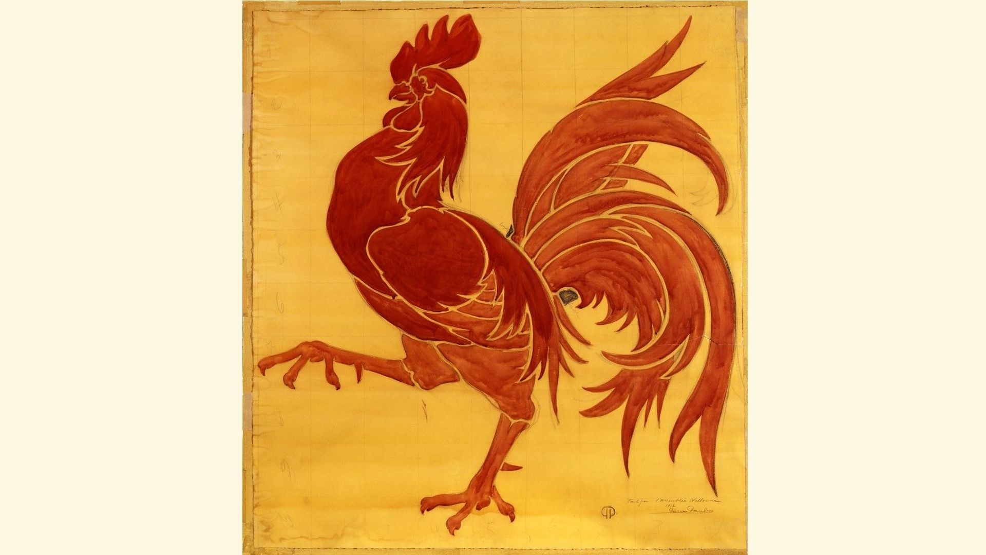 Aquarelle de Pierre Paulus représentant le coq hardi. Dessin original servant d'emblème et de drapeau à la Wallonie.