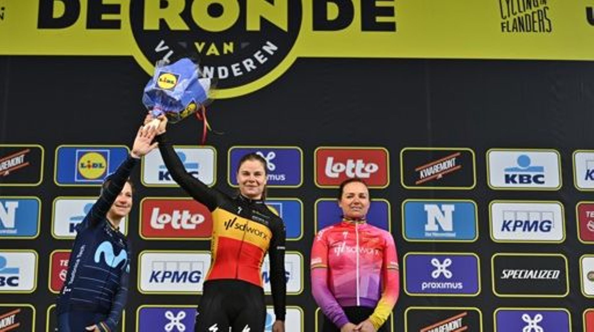 Dutch Annemiek van Vleuten of Movistar Team, Belgian Lotte Kopecky of SD Worx and Dutch Chantal van den Broek-Blaak of SD Worx pictured on the podium after the women’s race of the 'Ronde van Vlaanderen – Tour des Flandres – Tour of Flanders' one day cycli