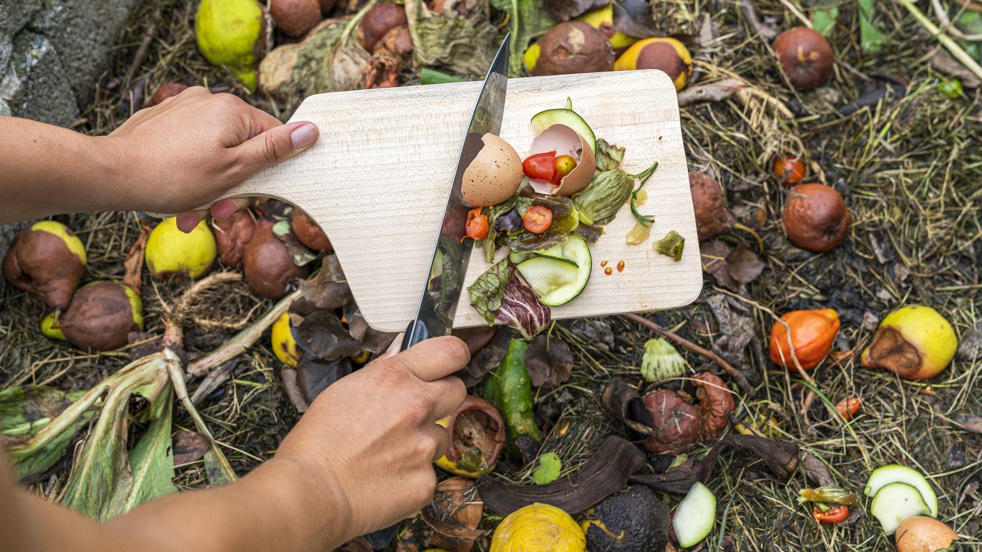 Woman&#39;s hands throwing food scraps in the compost heap.