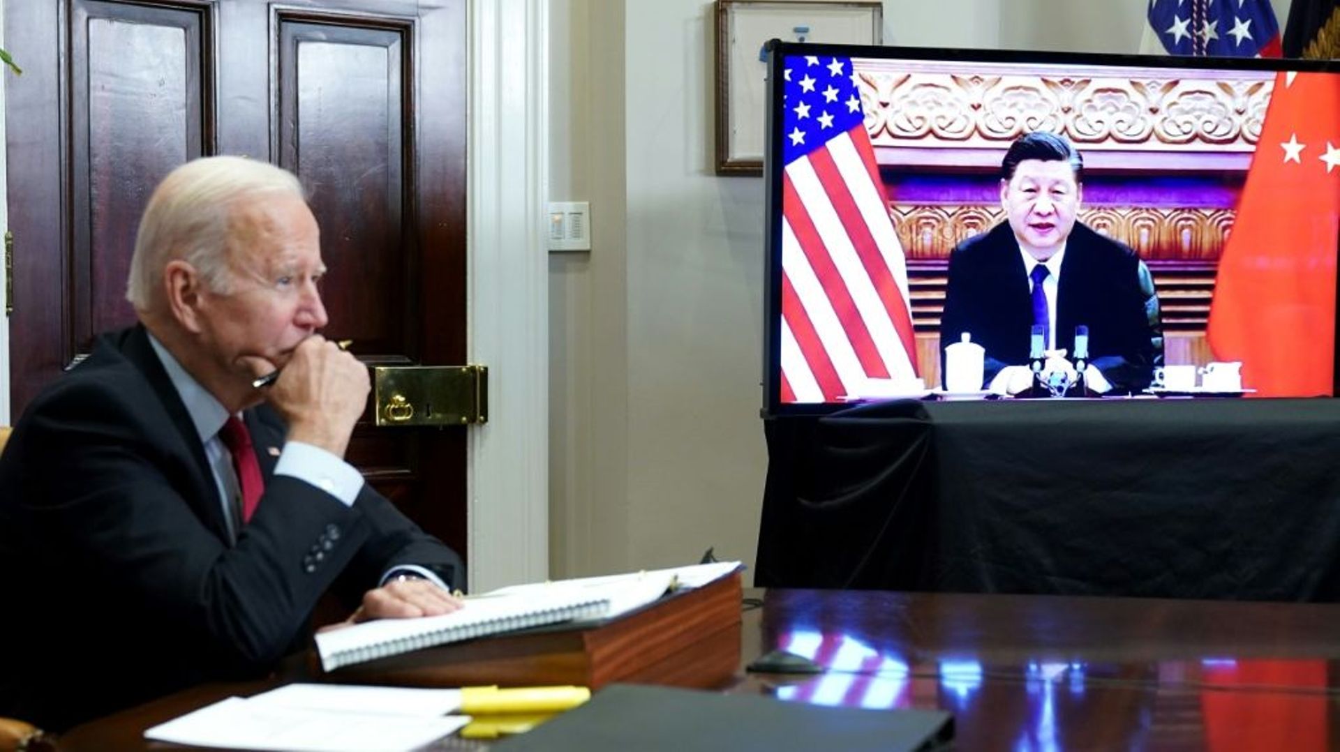 Sommet virtuel entre Joe Biden et le président chinois Xi Jinping depuis la Maison Blanche à Washington le 15 novembre 2021