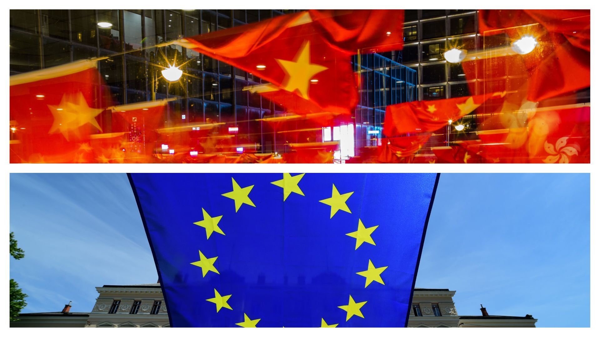 Drapeaux chinois et de l'Union européenne, image d'illustration 