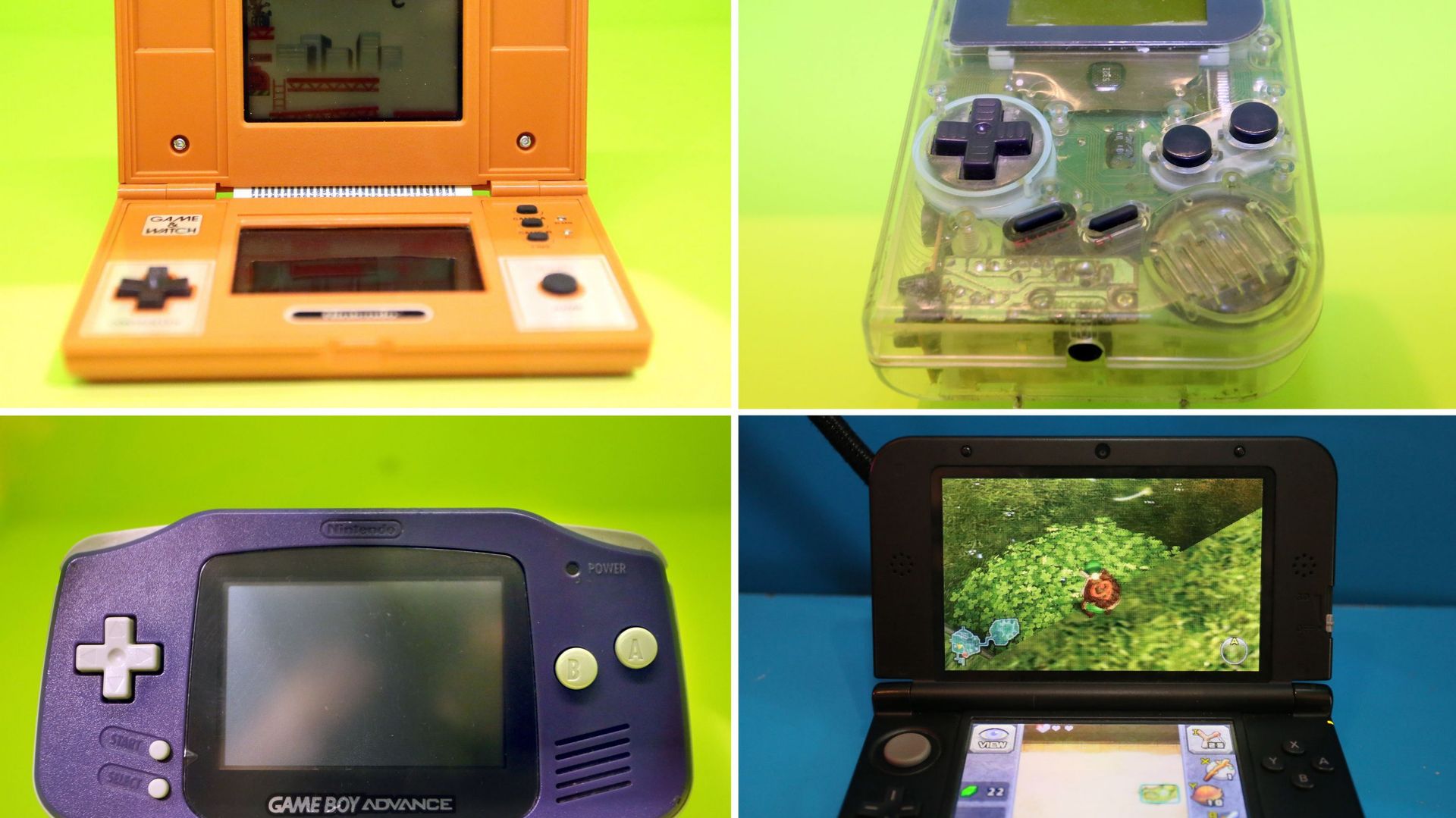 L’image montre le prédécesseur du Game Boy, Donkey Kong, une édition spéciale du premier Game Boy, son successeur, le Game Boy Advance et la version actuelle, le Nintendo 3D5.