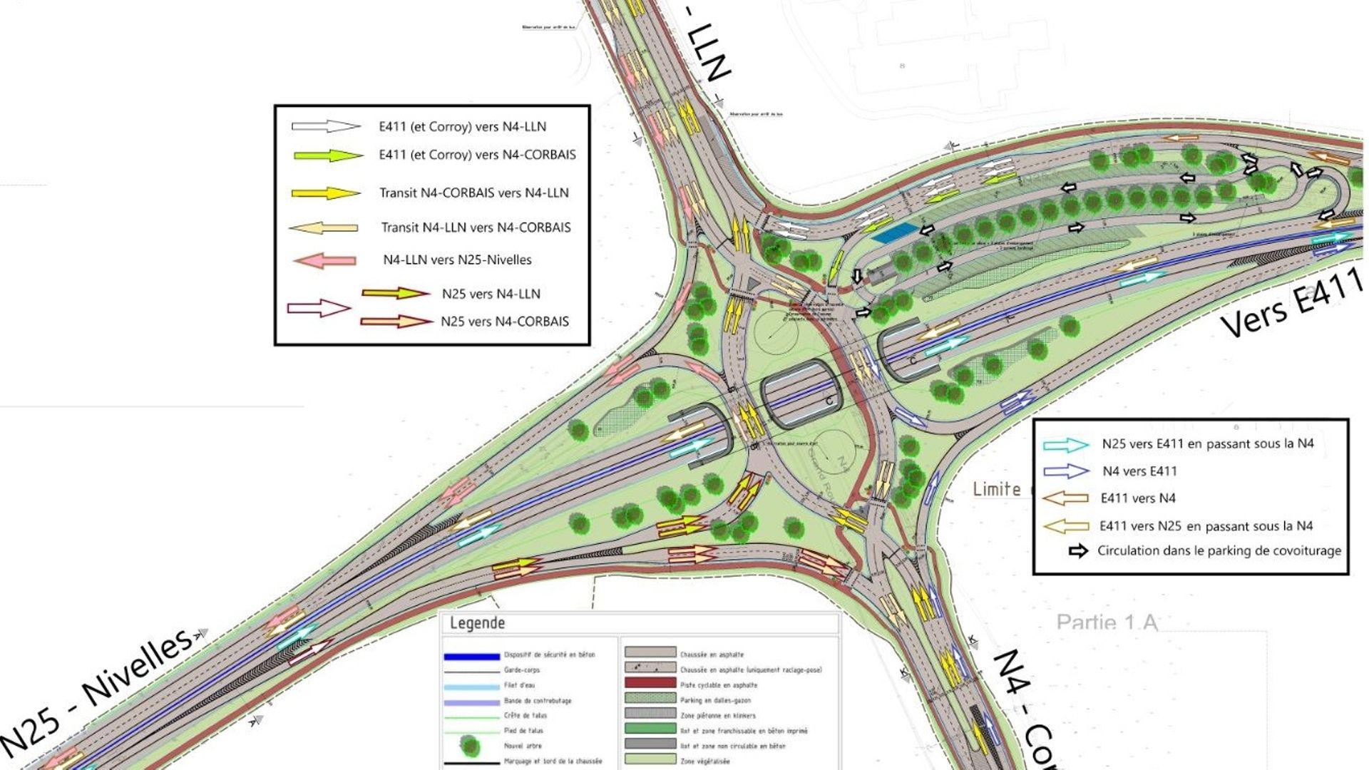Une double trémie passera sous la N4 pour connecter la N25 à l'E411 et un carrefour à feux remplacera le rond-point actuel en surface.