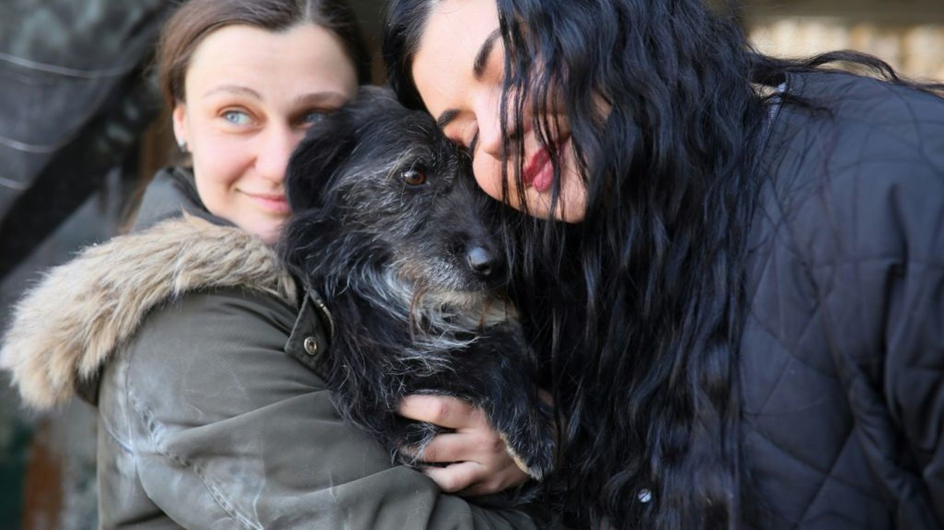 Des femmes câlinent un chien dans un refuge pour animaux de Lviv, le 26 mars 2022 en Ukraine
