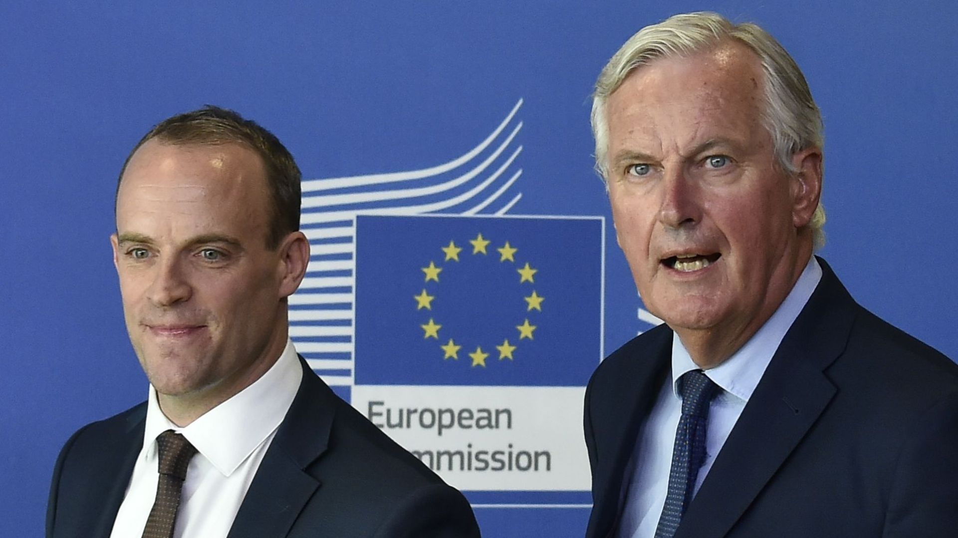 Dominic Raab, le ministre britannique chargé de négocier le Brexitavec son homologue européen, Michel Barnier. 
