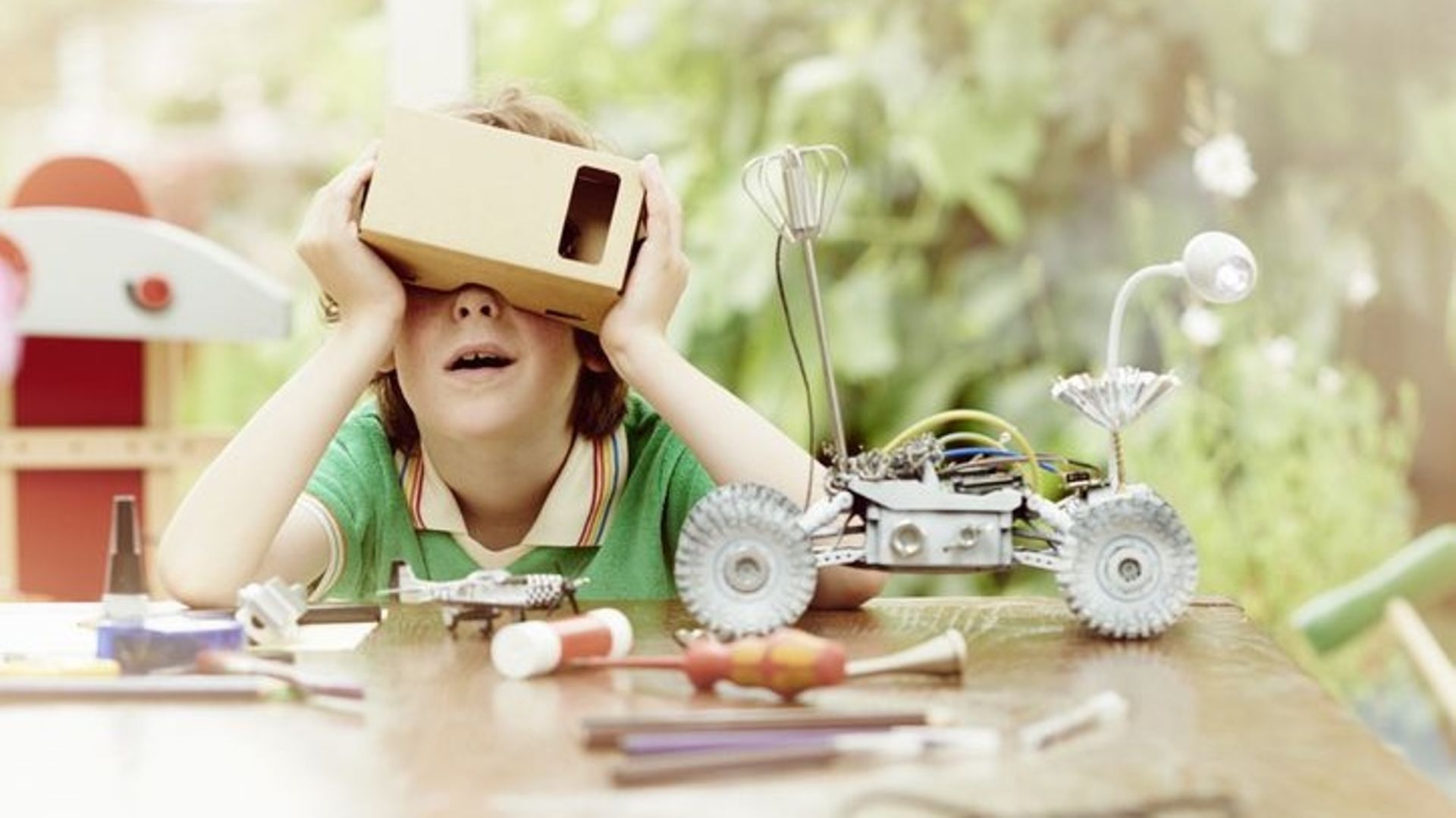 Portrait of child wearing virtual reality headset