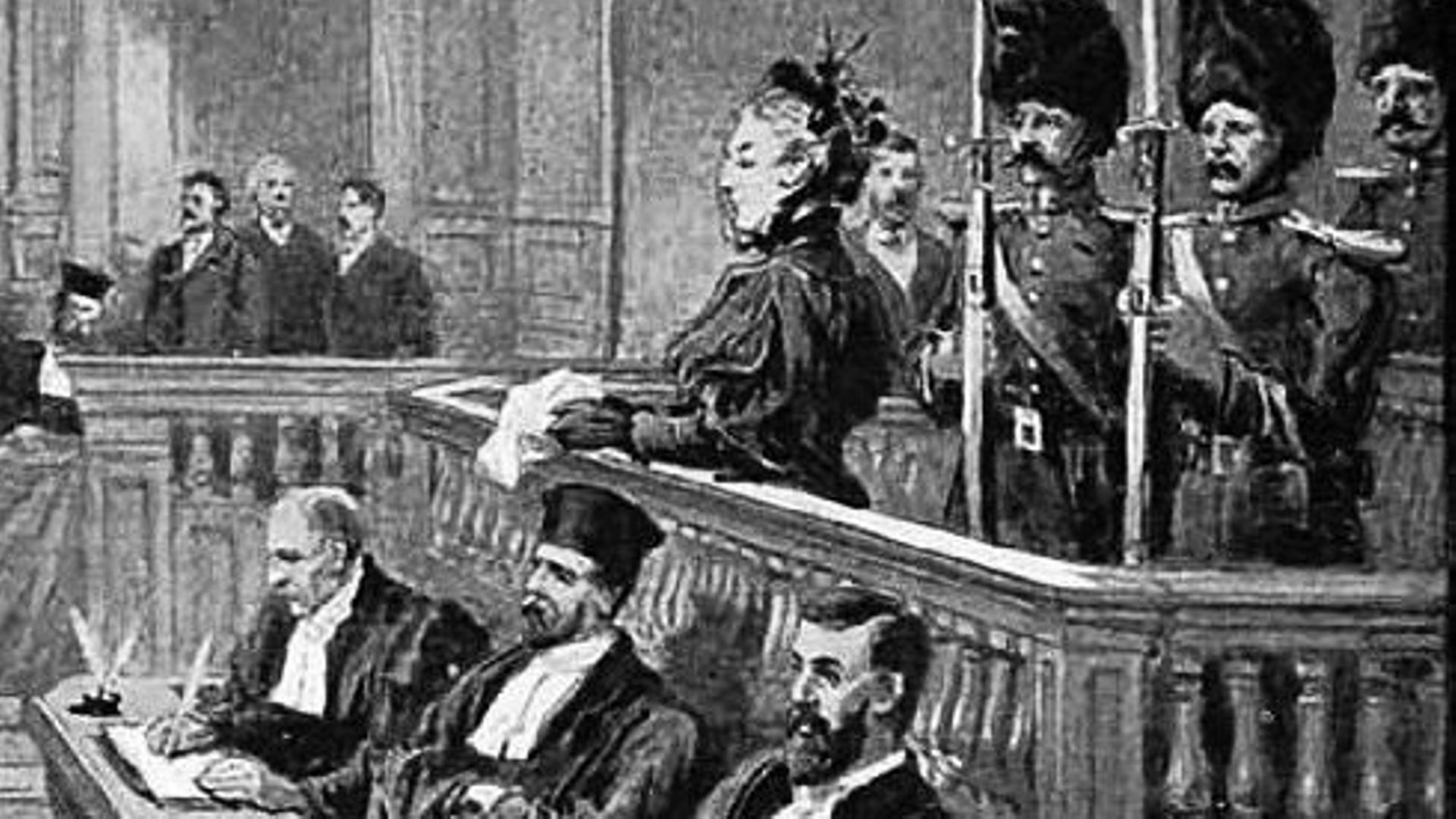 Marie Thérèse Joniaux née Ablay, est accusé du meurtre de son frère et d'au moins deux autres personnes. Dessin réalisé par Staniland en 1895 dans "The Chronic".

