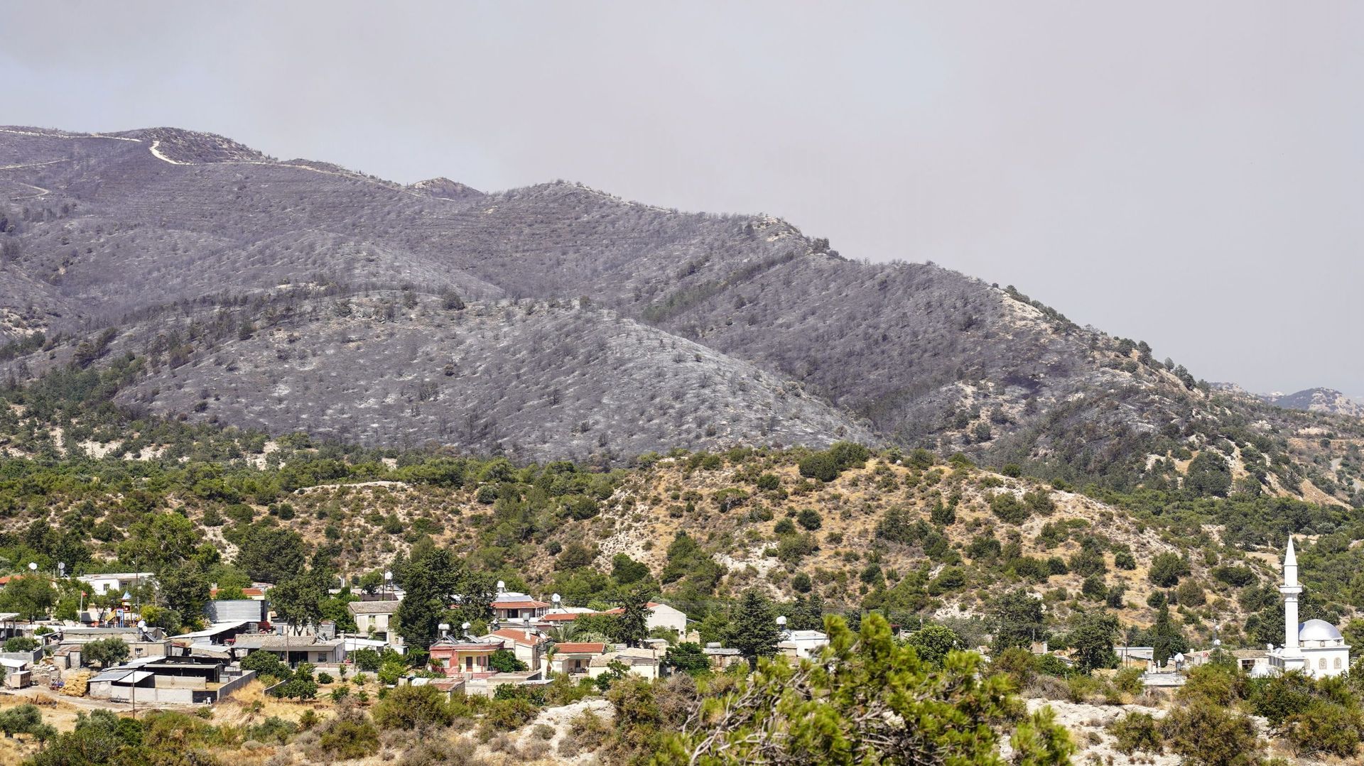 Des arbres carbonisés sont photographiés au-dessus d’un village, suite à des feux de forêt sur les pentes des montagnes de Kyrenia dans le nord de Chypre, le 23 juin 2022. Des avions de lutte contre les incendies des deux côtés de Chypre divisée ont été r