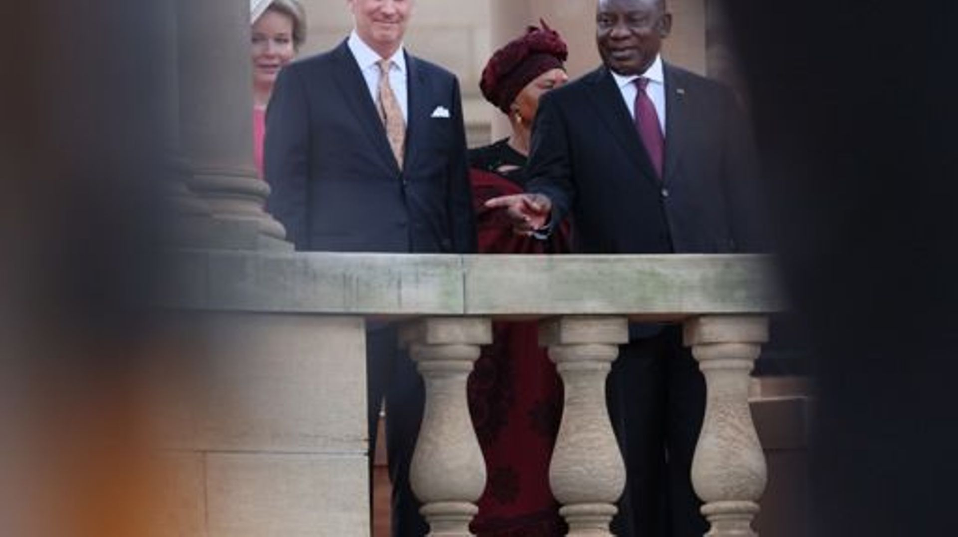 Queen Mathilde of Belgium, King Philippe - Filip of Belgium and South Africa President Cyril Ramaphosa pictured at the official welcome ceremony at the Union Buildings, the official seat of the South-African government, in Pretoria, during a state visit o