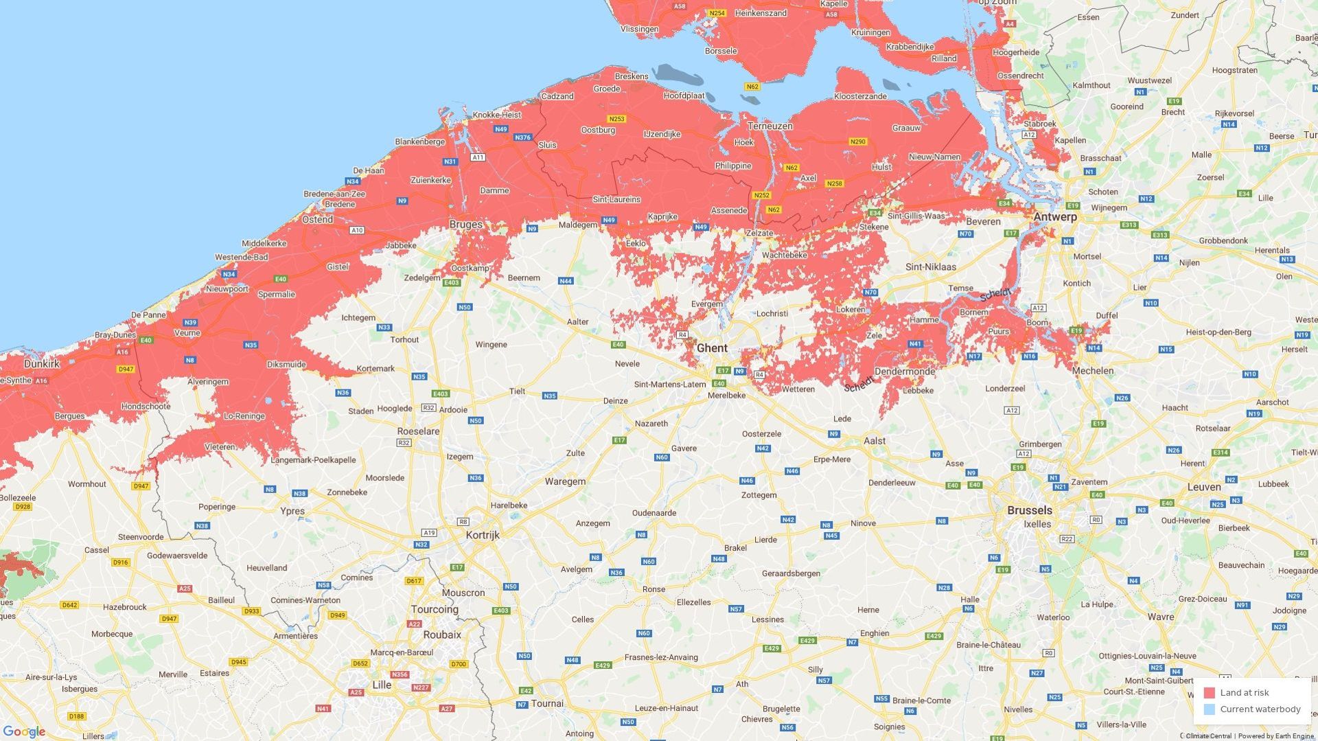 Capture d'écran de la carte du site Climatecentral.org, qui permet de visualiser les zones à risque selon les différents modèles.