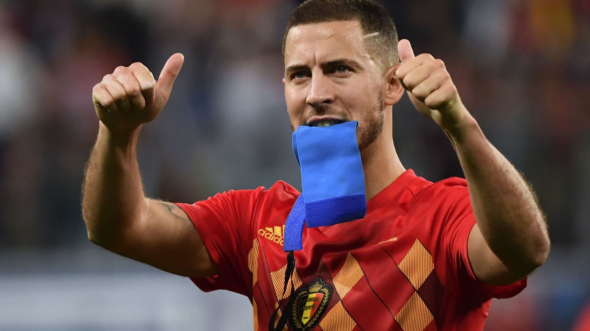 Eden Hazard thanks supporters after they lost the semi final match between the French national soccer team