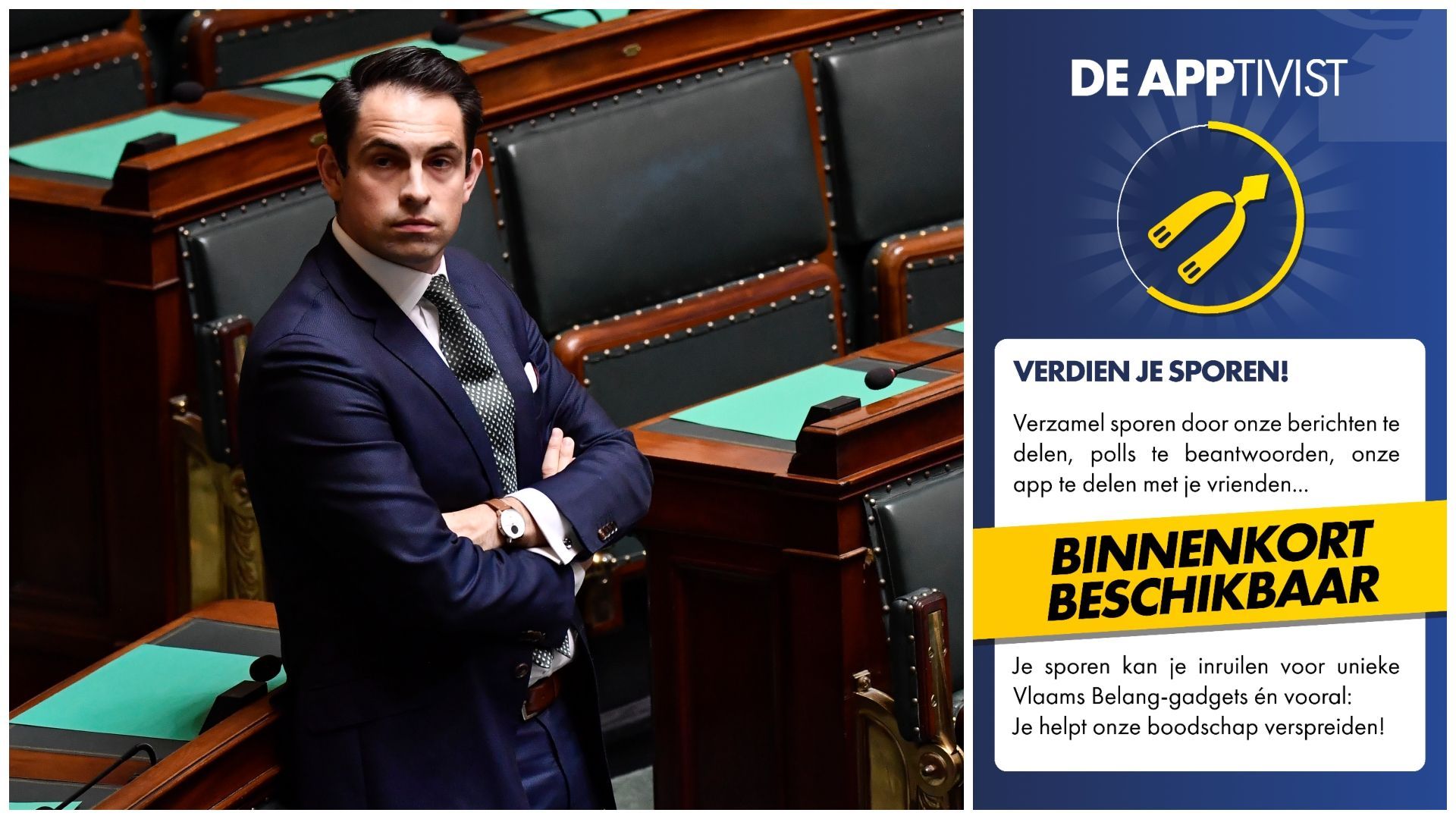 Tom Van Grieken, le président du Vlaams Belang, à la Chambre, le 17 mars 2020. A droite, une capture d’écran de l’application publiée par le parti ce dimanche 19 septembre 2021.