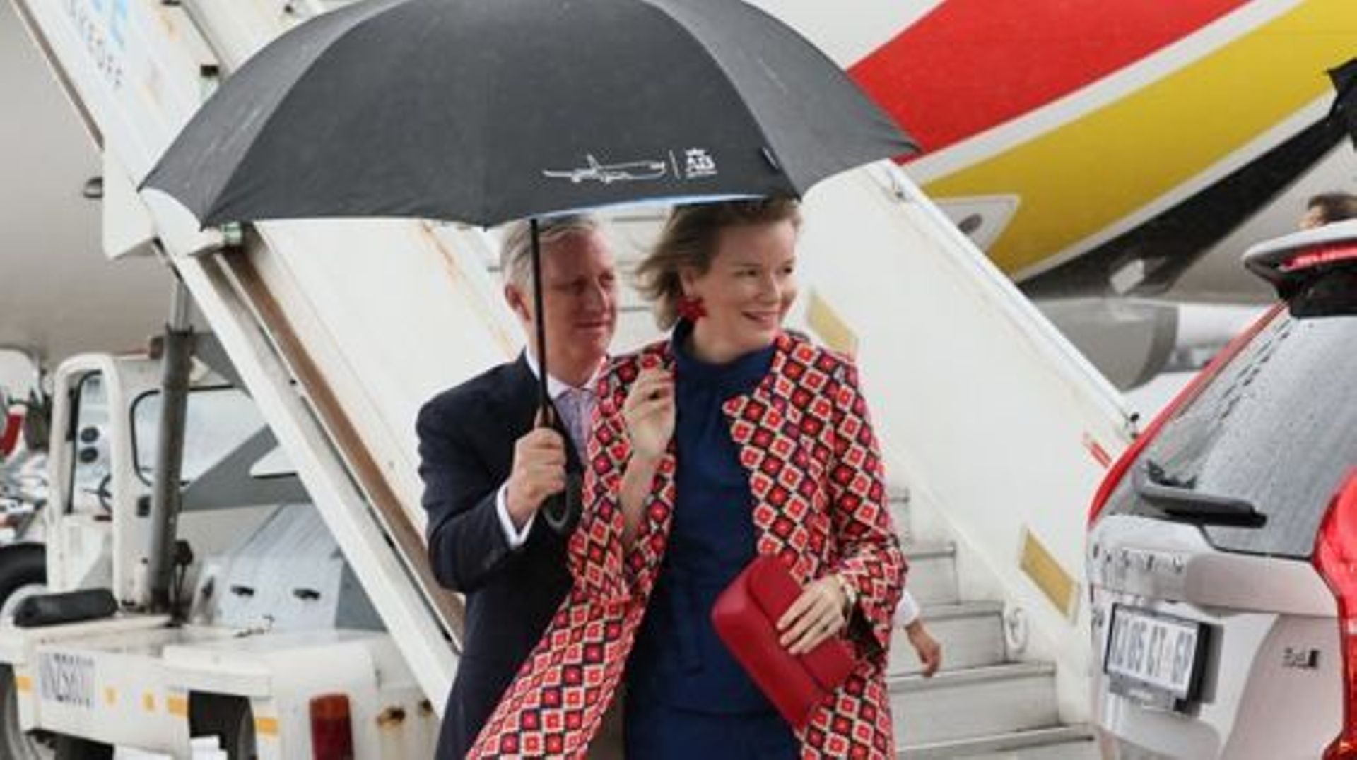 King Philippe - Filip and Queen Mathilde of Belgium get off the airplane after landing at Cape Town international airport during a state visit of the Belgian Royal Couple to the Republic of South Africa, Saturday 25 March 2023. BELGA PHOTO BENOIT DOPPAGNE