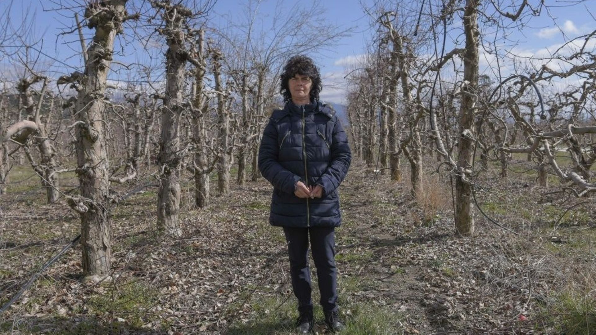 L’agricultrice Frosina Gjorgjievska dans ses vergers de pommes près de Resen, en Macédoine du Nord.