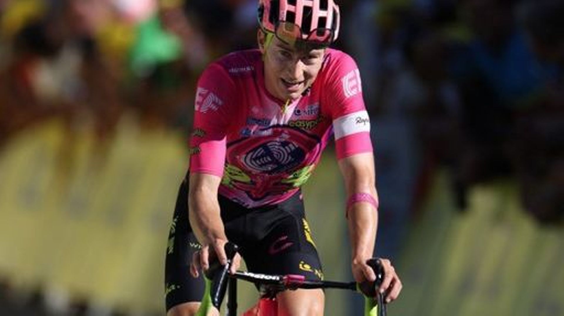 EF Education-Easypost team's American rider Neilson Powless cycles in the final meters of the 12th stage of the 109th edition of the Tour de France cycling race, 165,1 km between Briancon and L'Alpe-d'Huez, in the French Alps, on July 14, 2022.  Thomas SA