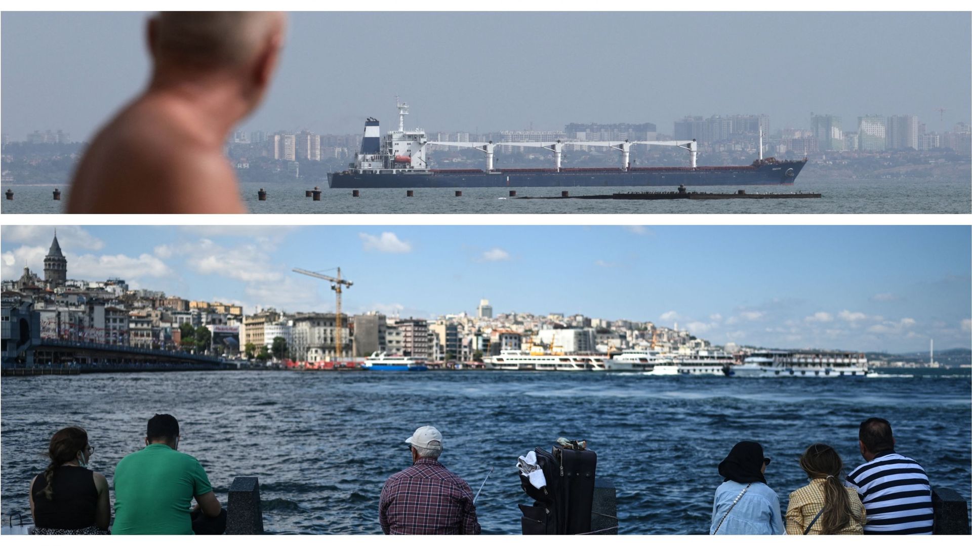 Départ du Razoni du port d’Odessa et vue des bords du Bosphore à Istanbul (illustration)
