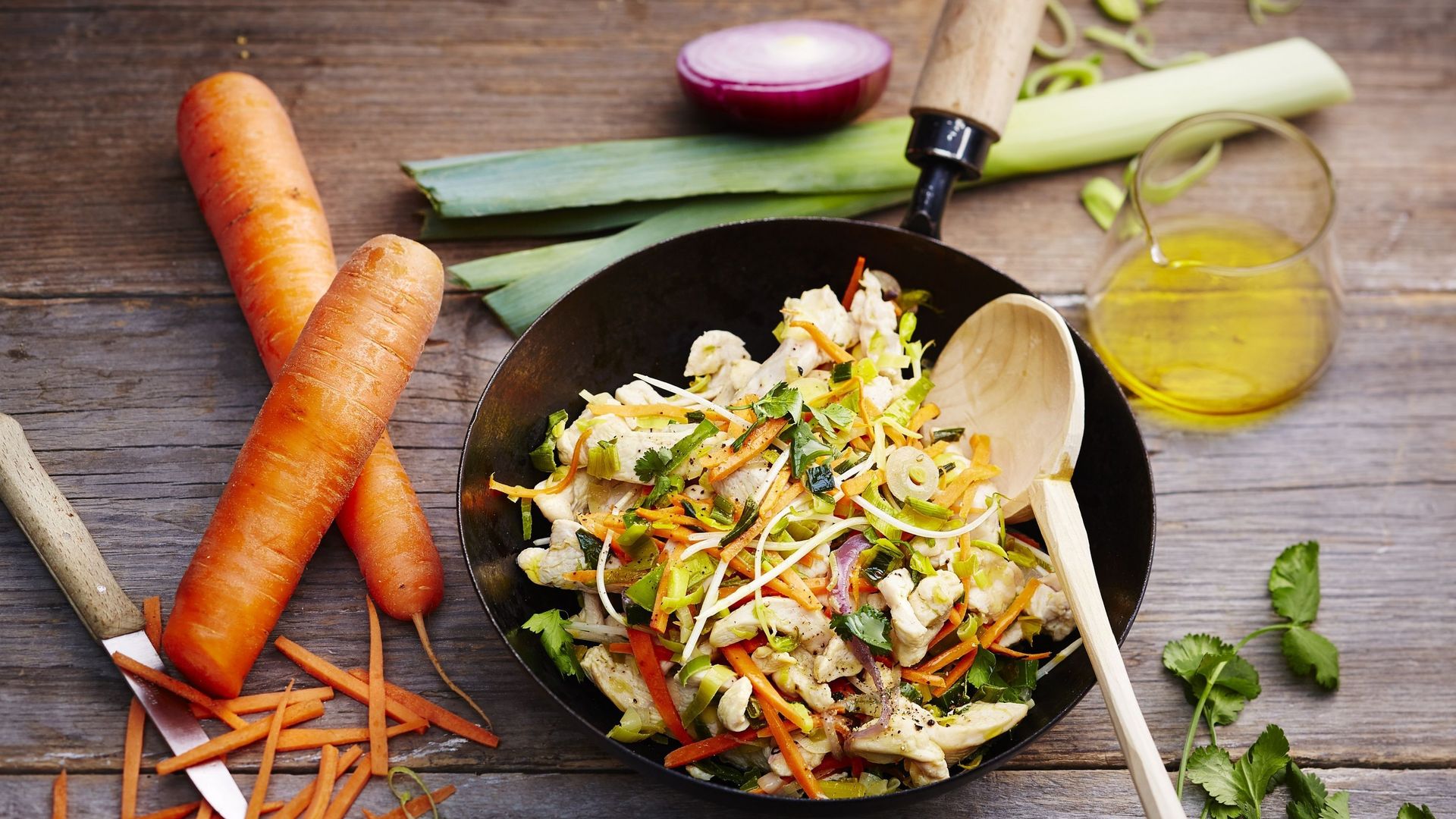 Recette : Wok de poulet sauté au soja, poireaux et carottes