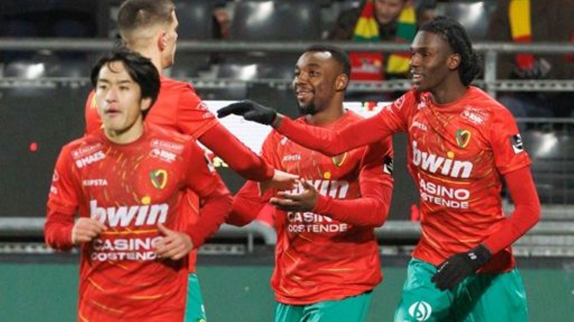 Oostende’s Thierry Ambrose celebrates after scoring during a soccer match between KV Oostende and Cercle Brugge, Saturday 21 January 2023 in Oostende, on day 22 of the 2022-2023 'Jupiler Pro League' first division of the Belgian championship. BELGA PHOTO