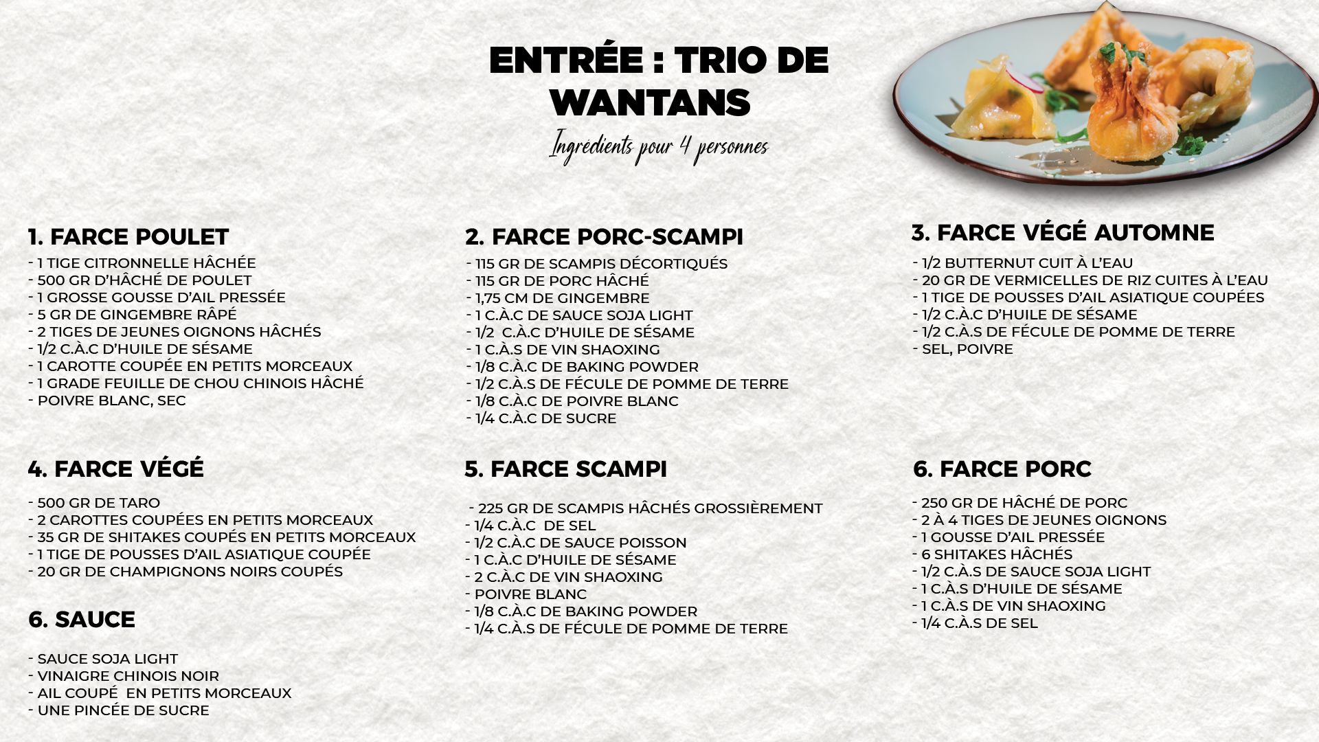 Envie de wantan généreux et gourmands ? Voici la liste des ingrédients pour les refaire chez vous.