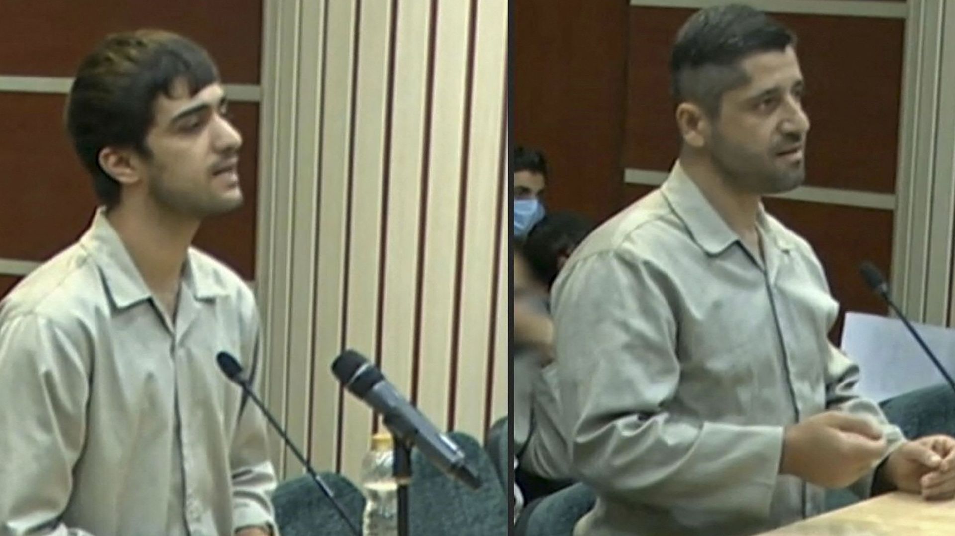 Une capture d’image obtenue de la télévision d’État iranienne IRINN le 7 janvier 2023 montre Mohammad Mahdi Karami et Seyyed Mohammad Hosseini, qui ont été exécutés pour avoir tué un membre de la force paramilitaire Basij iranienne lors des manifestations