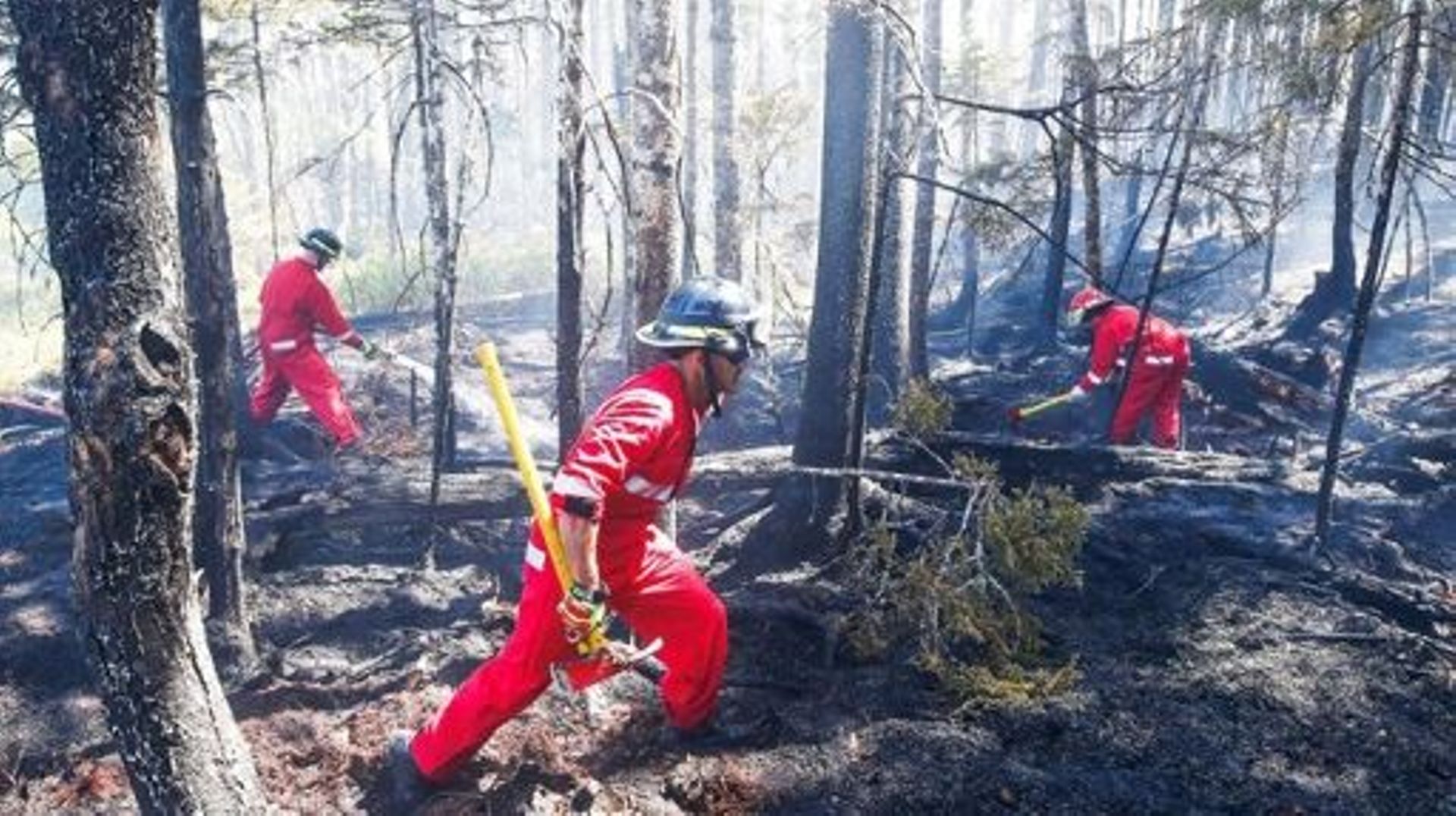 In this May 30, 2023, image courtesy of the Nova Scotia Government in Canada, firefighters with Halifax Regional Fire and Emergency work to put out fires in the Tantallon area of Nova Scotia. More than 16,000 people were forced to evacuate their homes in