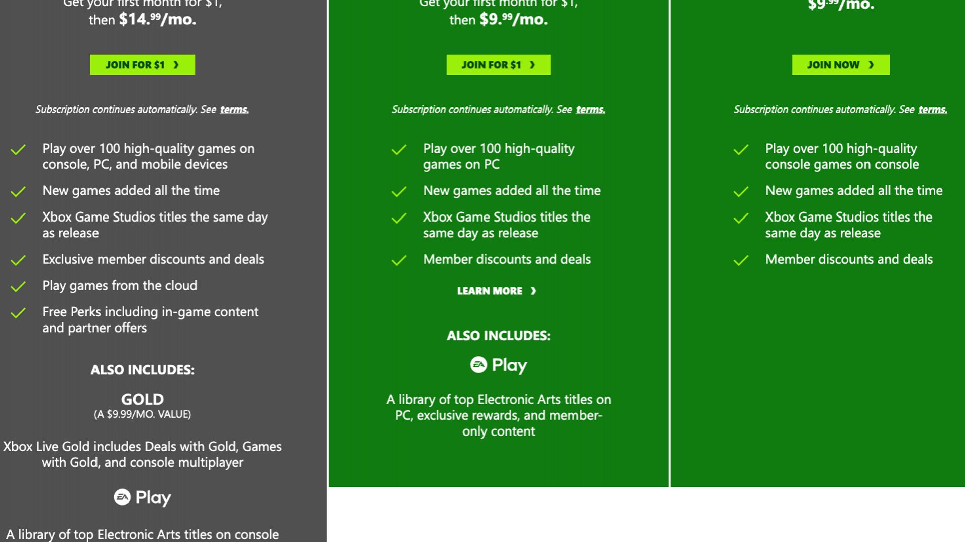 Les différentes formules d’abonnement au Xbox Game Pass de Microsoft.