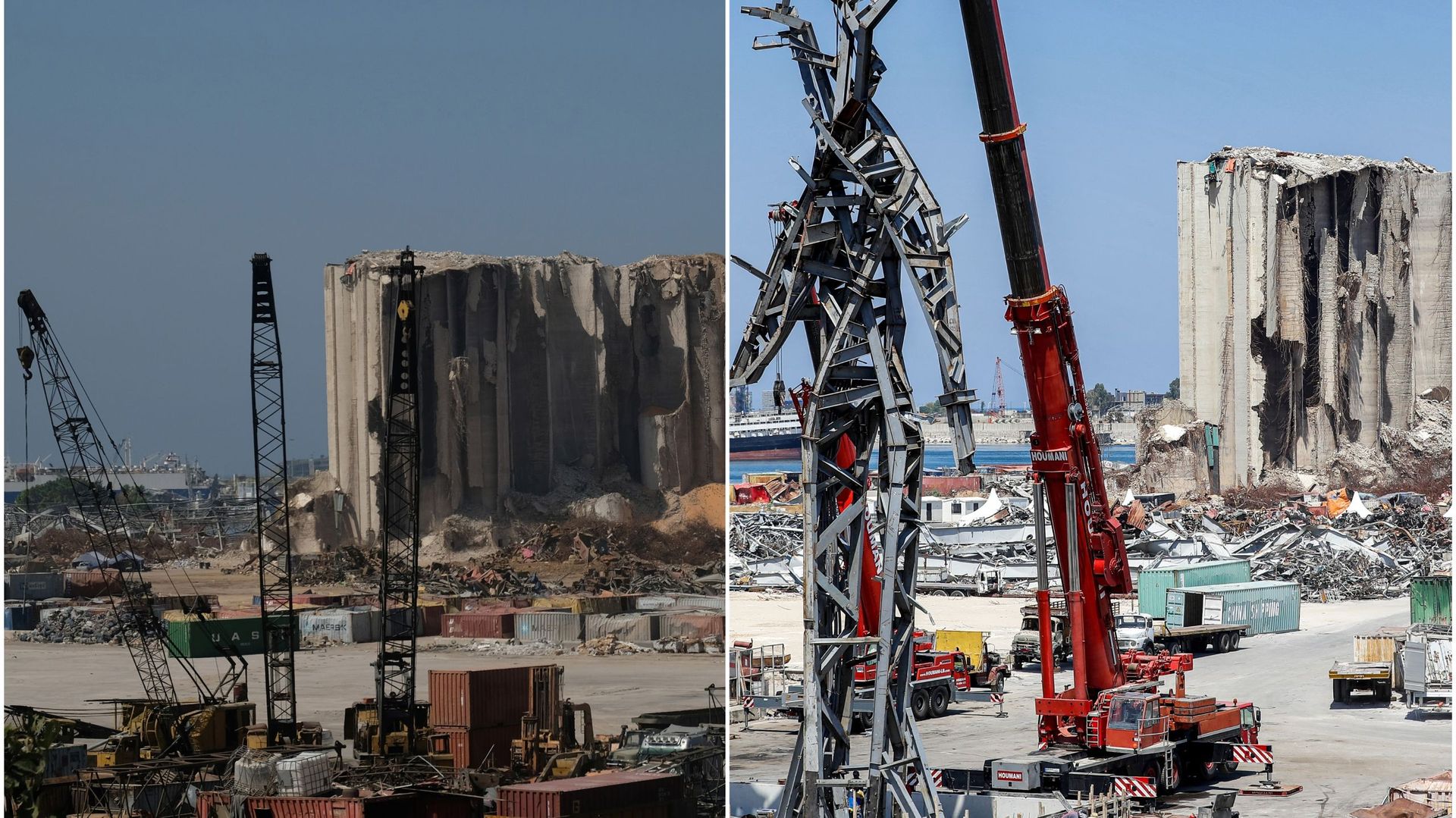 A gauche, le port de Beyrouth le 29 septembre 2020, un peu moins de deux mois après l’explosion. A droite, fin juillet la sculpture "The gesture" réalisée avec les débris de l’explosion installée dans le port sinistré de Beyrouth.