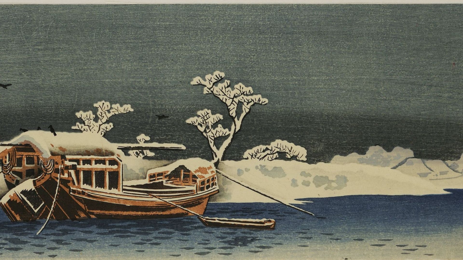 En 1910, l'éditeur Watanabe n'est plus satisfait du travail de Takahashi Shōtei qui perpétue un style traditionnel plat et avec peu de nuances de couleurs. "Bateau sur une rivière par temps de neige"

