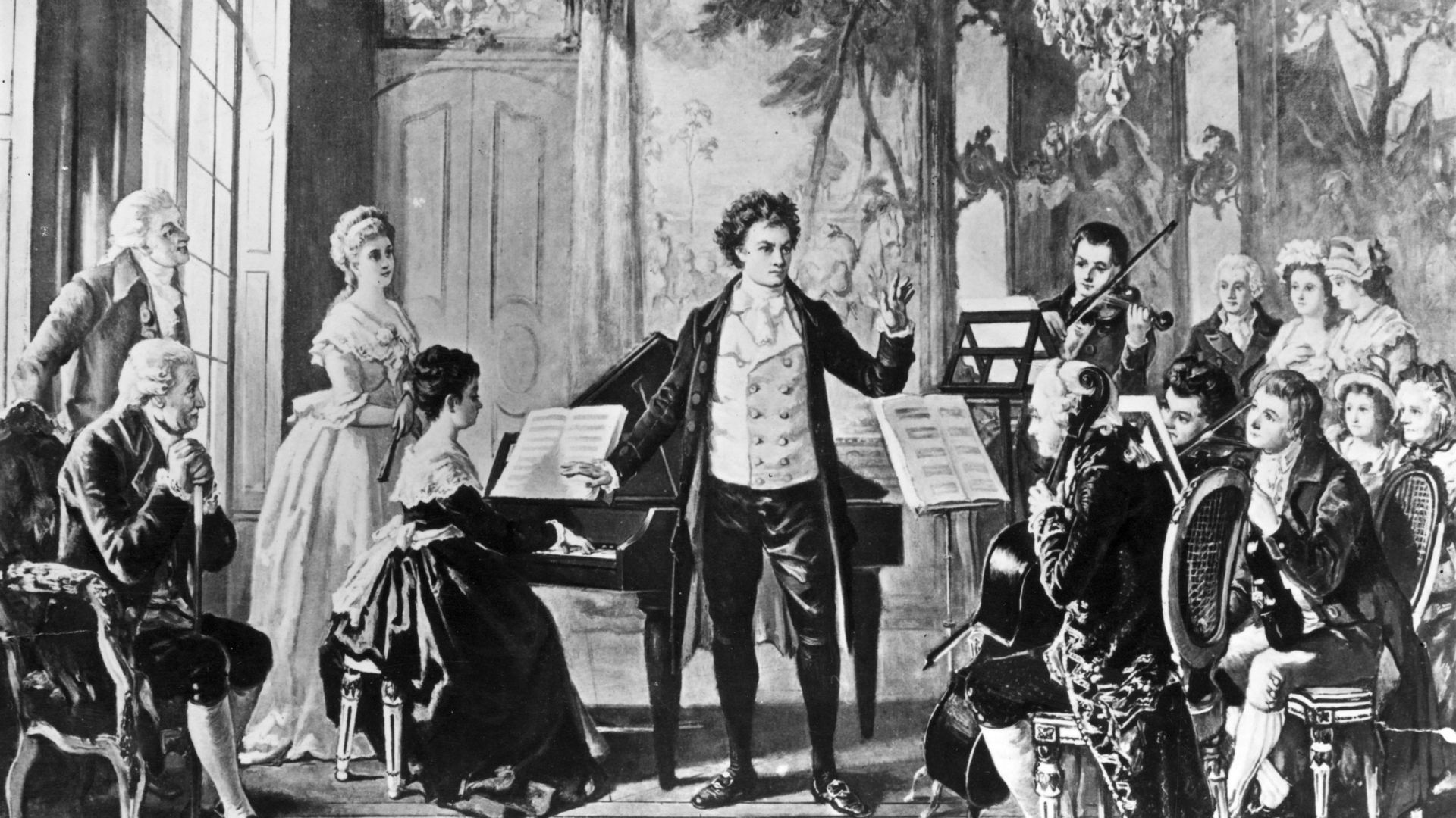 Le compositeur allemand Ludwig van Beethoven (1770-1827) dirigeant l’un de ses trois quatuors à cordes "Rasumowsky", vers 1810. Dessiné par l’artiste Borckmann.