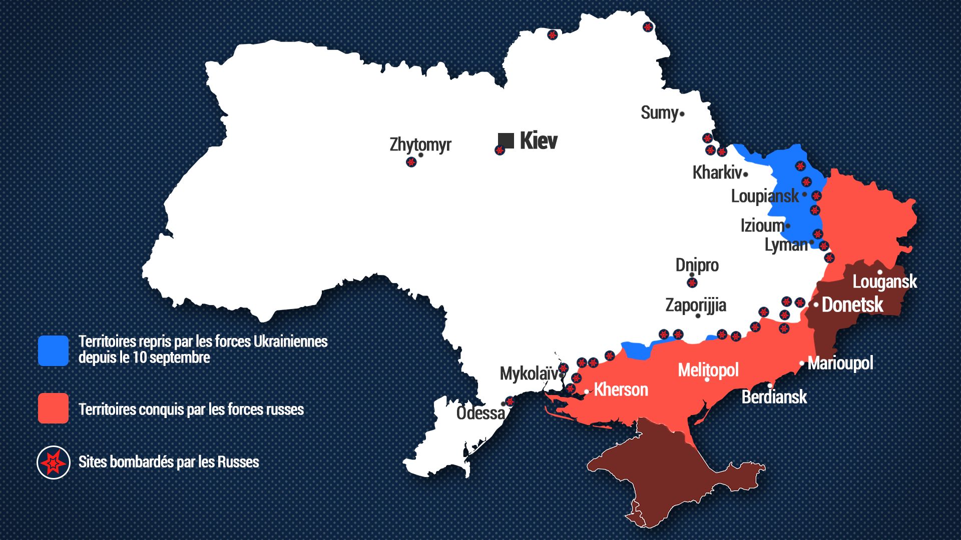 La carte des frappes russes en Russie au 18 octobre.