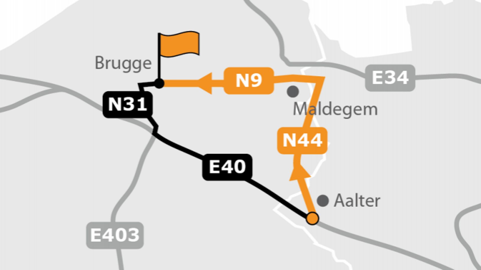 Aalter > Bruges : via N44 Maldegem