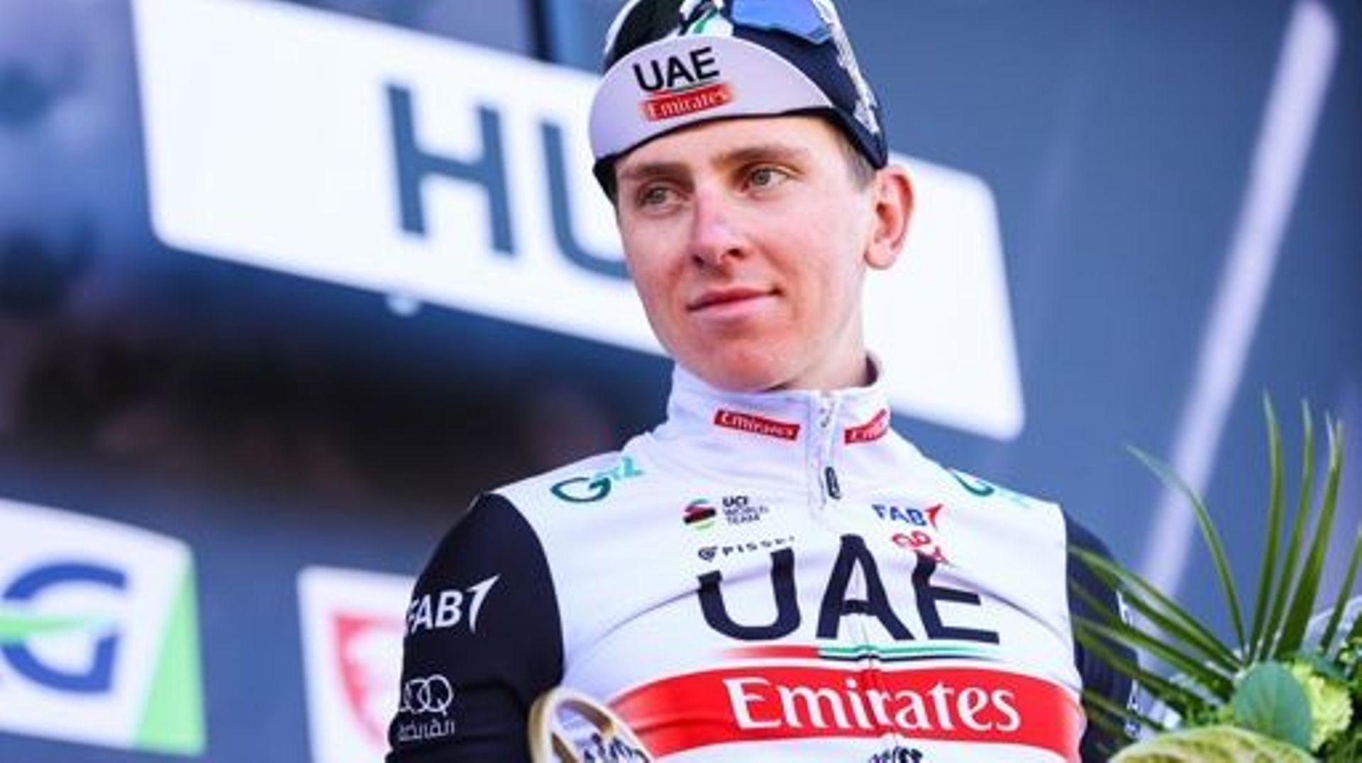 Slovenian Tadej Pogacar of UAE Team Emirates pictured on the podium after the 86th edition of the men's race 'La Fleche Wallonne', a one day cycling race (Waalse Pijl - Walloon Arrow), 194,2 km from Herve to Huy, Wednesday 19 April 2023. BELGA PHOTO DAVID