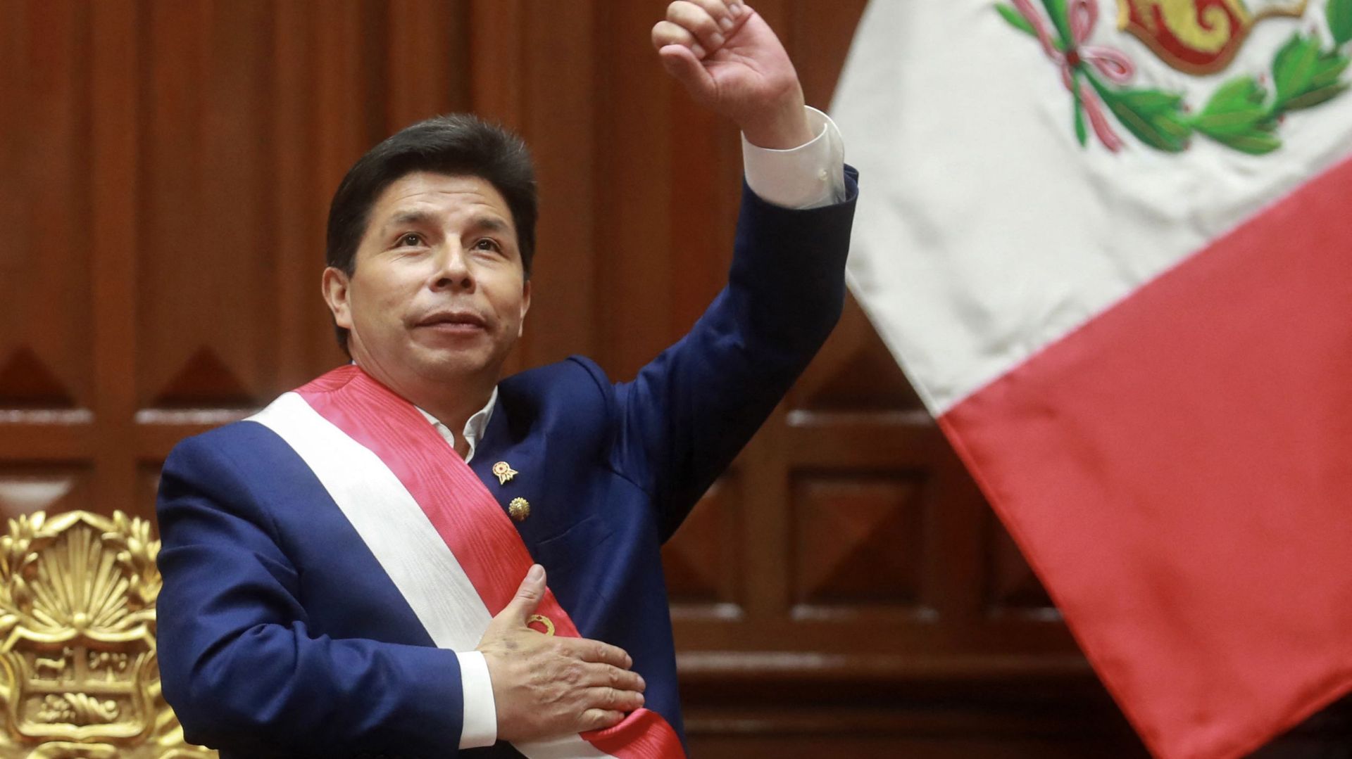 Photo publiée par le Congrès péruvien montrant le Président Pedro Castillo faisant des gestes avant de prononcer son discours sur l’état de la nation devant le Congrès, alors qu’il marque un an au pouvoir le jour de l’indépendance, à Lima, le 28 juillet 2