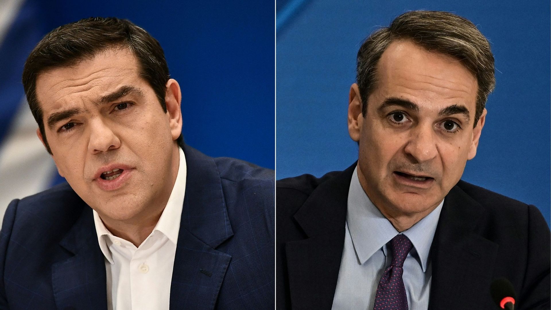 Le Premier ministre grec Alexis Tsipras (G) s'adressant à une conférence de presse à Athènes le 7 mai 2019, et le Premier ministre grec Kyriakos Mitsotakis s'exprimant lors d'une conférence de presse pour discuter de l'économie et de l'emploi, à Athènes l