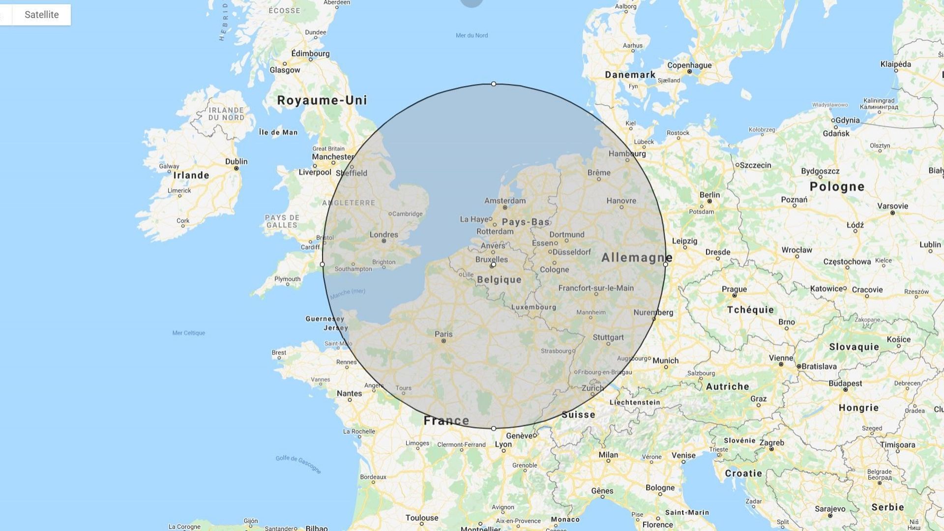 Cercle de 500 Km autour de l’Aéroport de Bruxelles-National
