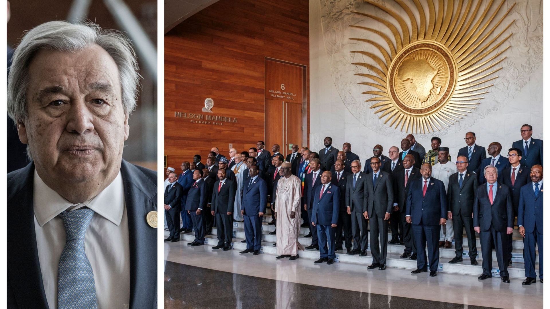 Antonio Guterres (ONU) et une photo de famille des dirigeants africains au sommet de l’UA ce 18 février.