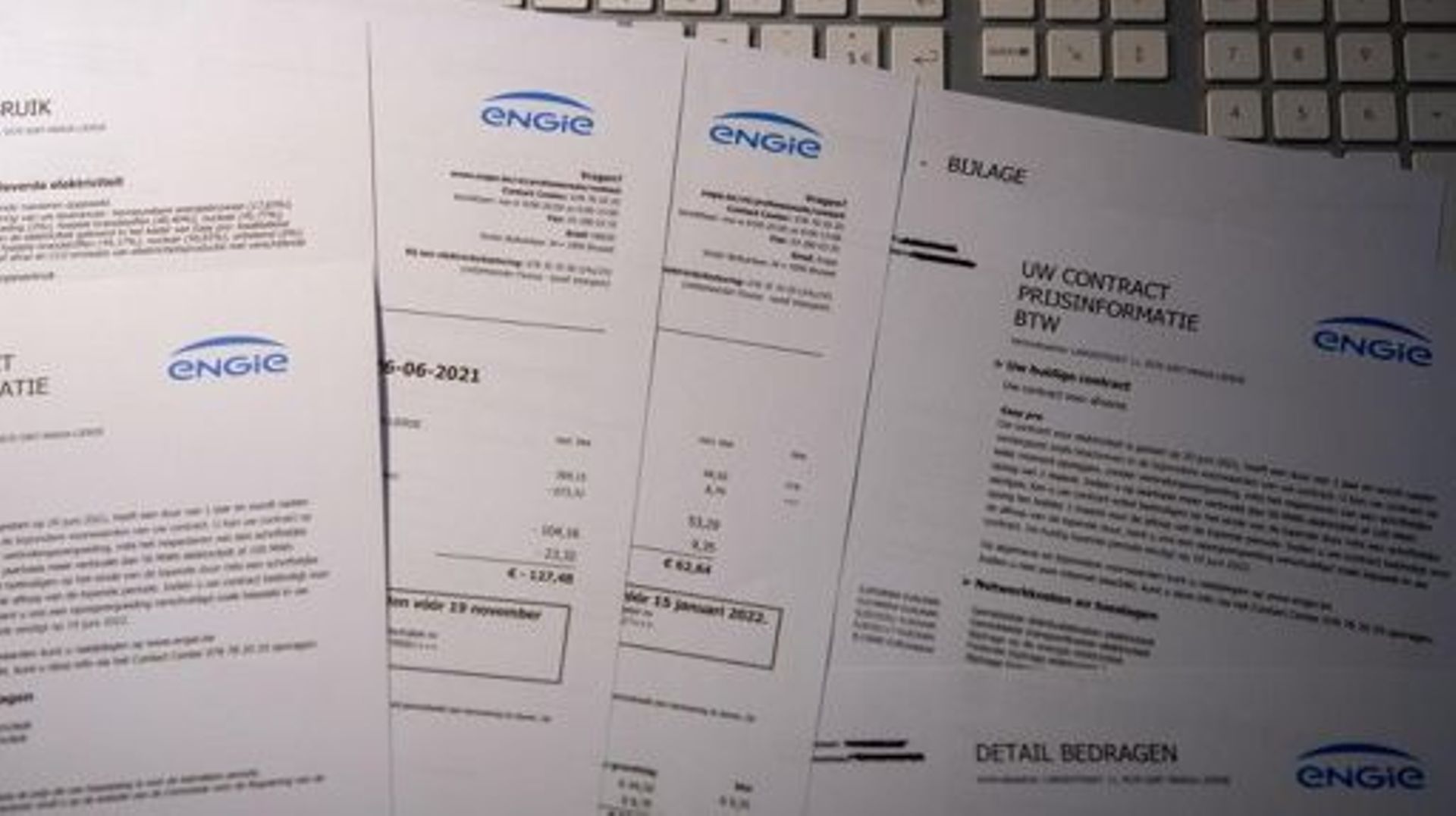 Illustration picture shows Engie electricity bills lying on a computer in Lierde, Sunday 06 February 2022. BELGA PHOTO NICOLAS MAETERLINCK