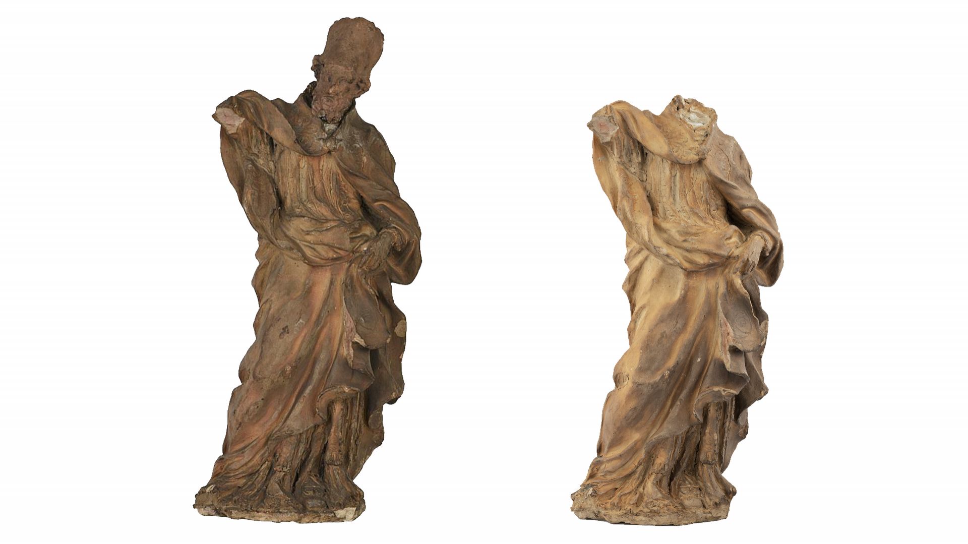 Bozetto de Saint-Domitien avant (gauche) et après (droite) dérestauration