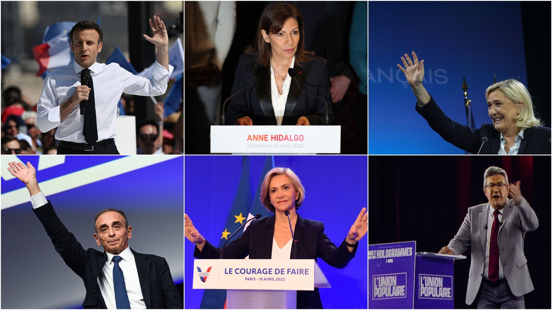 De gauche à droite : Emmanuel Macron (LREM), Anne Hidalgo (PS), Marine Le Pen (RN), Eric Zemmour (Reconquête), Valérie Pécresse (LR), Jean-Luc Mélenchon (France insoumise)